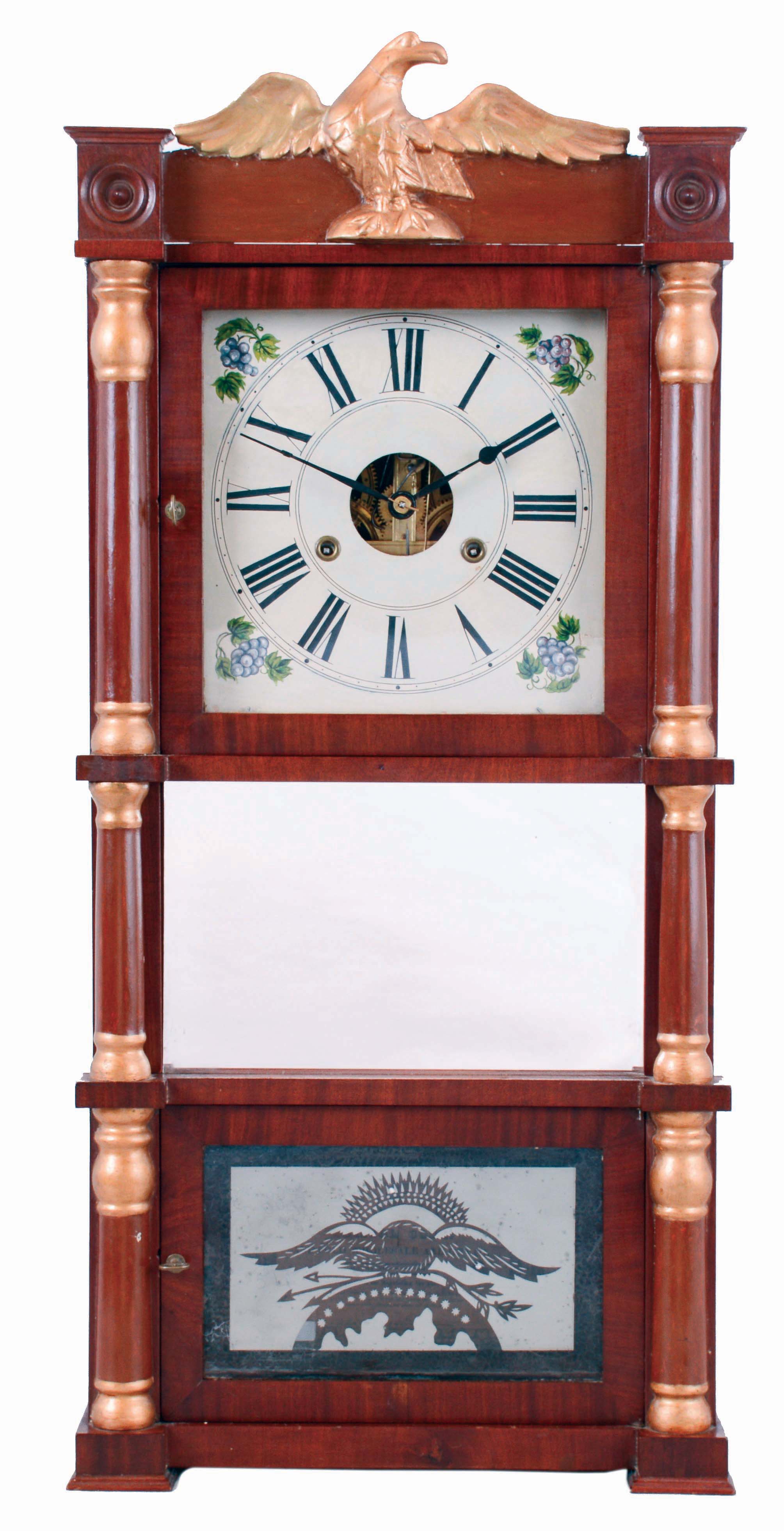 Birge & Fuller, Bristol Conn., Triple Decker mahogany case shelf clock with gilt column caps, eagle splat and a weight driven, 8 day, time and strike, strap brass movement, c1846. — Antique Clocks Price Guide