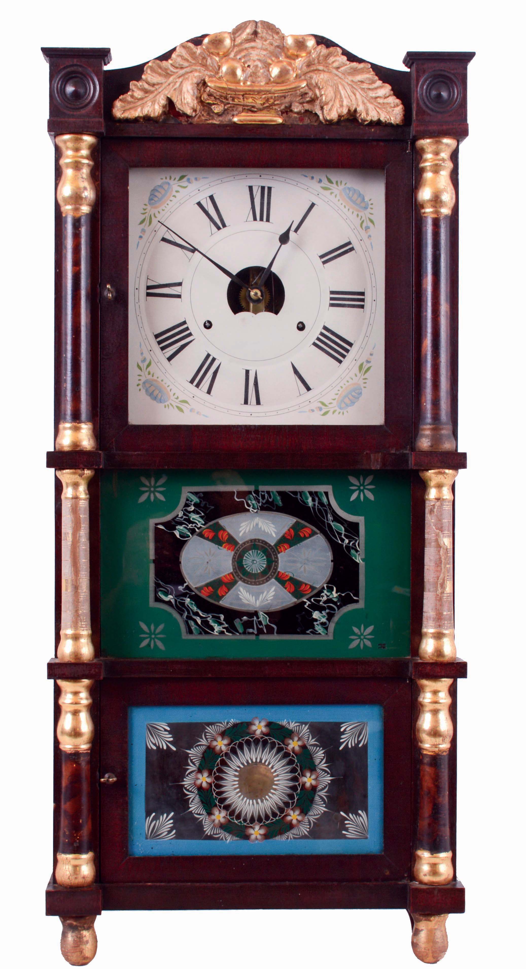 Birge, Peck & Co., Bristol, Conn., triple decker shelf clock with a mahogany case, gilt column caps, splat and front feet with a weight driven, 8 day, time and strike, strap brass movement, c1850. — Antique Clocks Price Guide