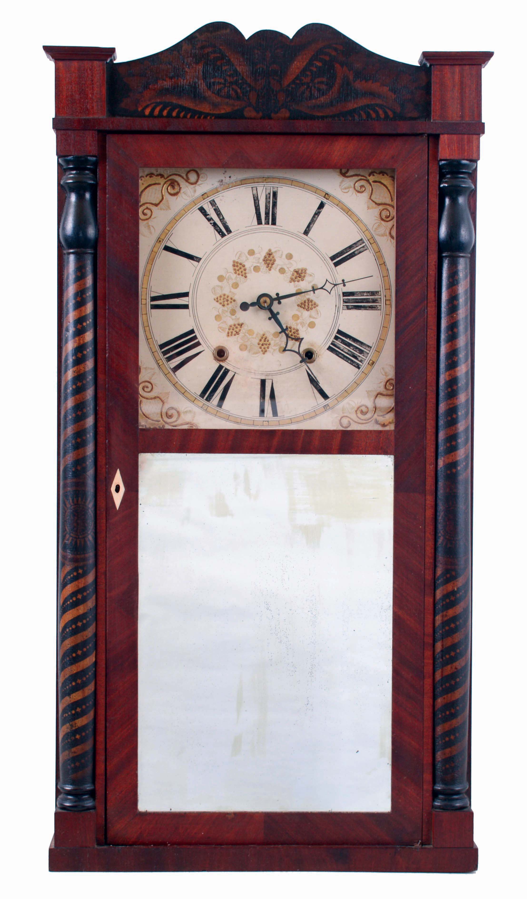 E. & G. W. Bartholomew, Bristol, Conn., shelf clock, mahogany case with unusual striped stenciled columns and a weight driven, 30 hours, time and strike wooden movement, c1832. — Antique Clocks Price Guide