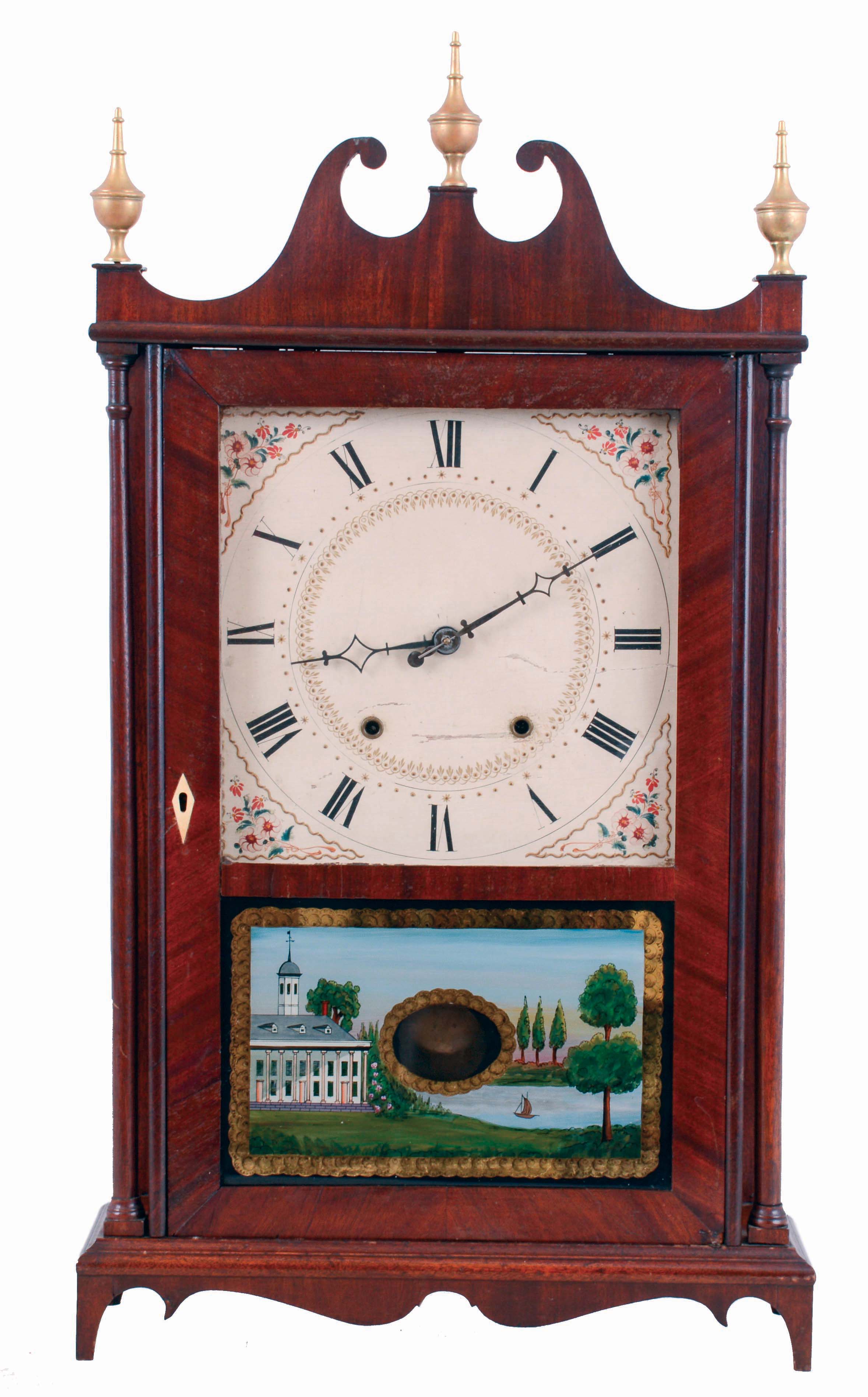 Bishop & Bradley, Watertown, Conn., 30 hours, time and strike, weight driven, wood movement pillar & scroll shelf clock, c1830 — Antique Clocks Price Guide