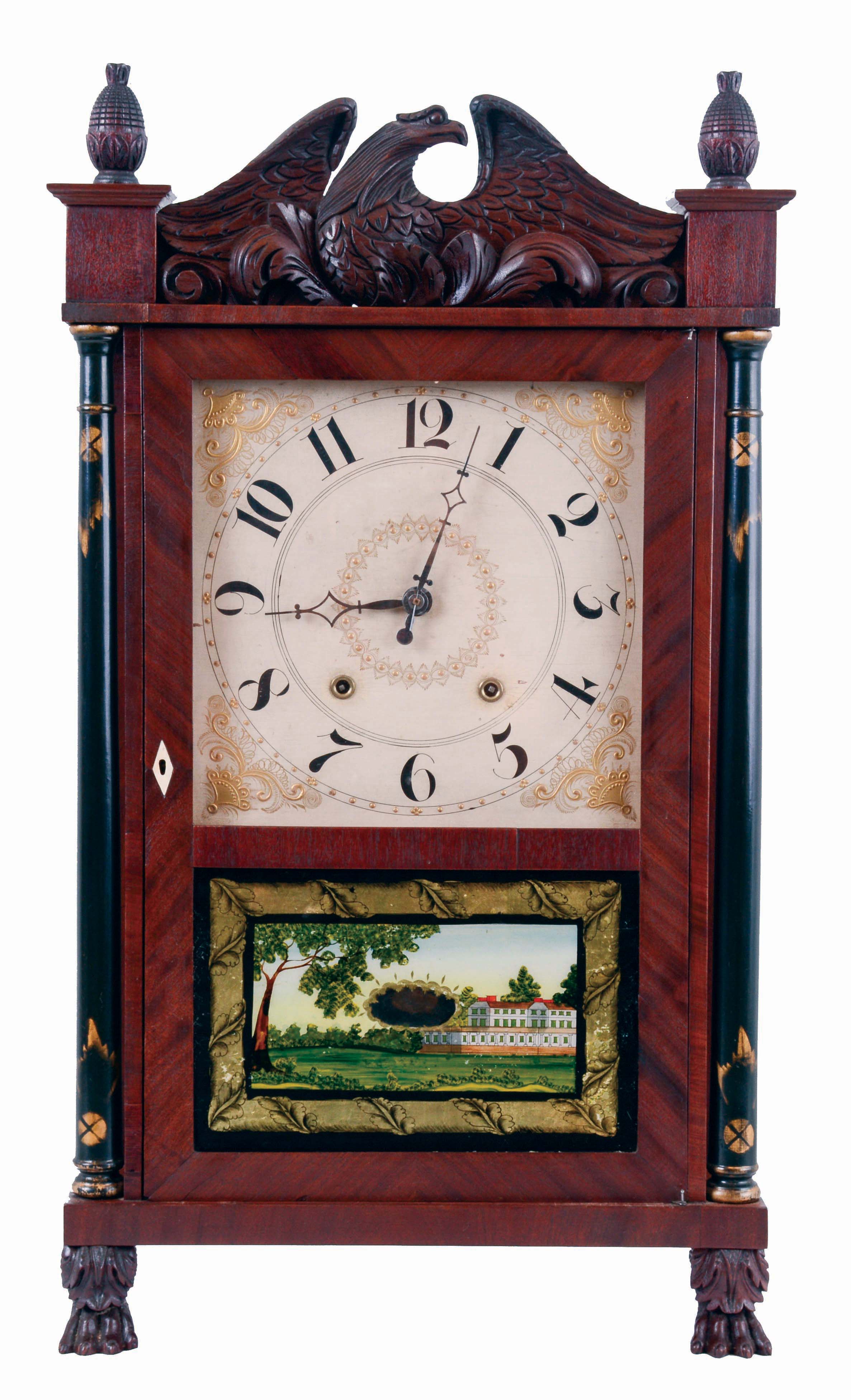 Atkins & Downs for George Mitchell, Bristol, Conn., 30 hours, time and strike weight driven wood movement column and eagle splat shelf clock, c1828. — Antique Clocks Price Guide