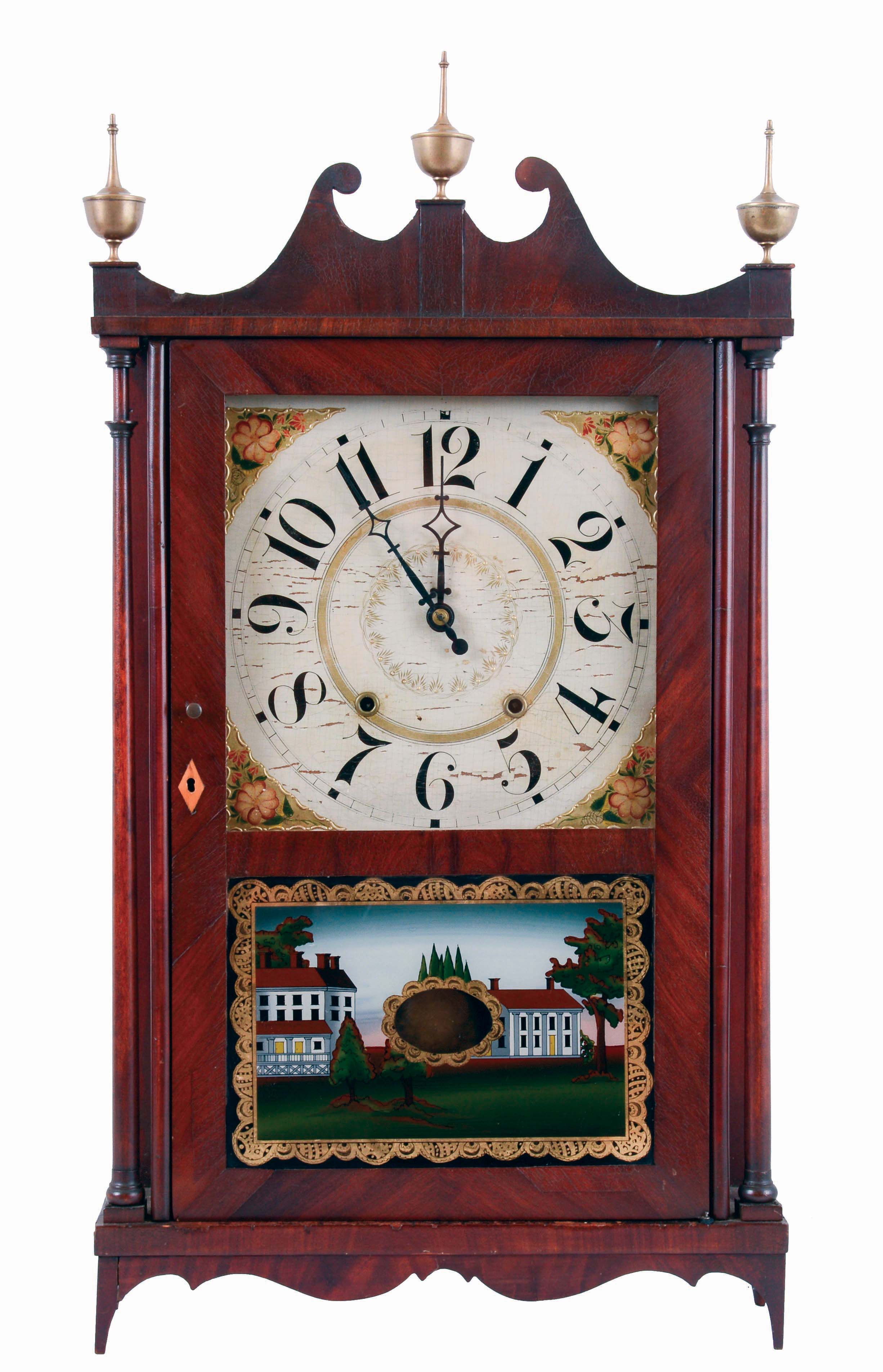 Seth Thomas Clock Co., Plymouth Hollow, Conn., 30 hours, time and strike, weight driven wood movement pillar & scroll shelf clock with alterations, c1830 — Antique Clocks Price Guide