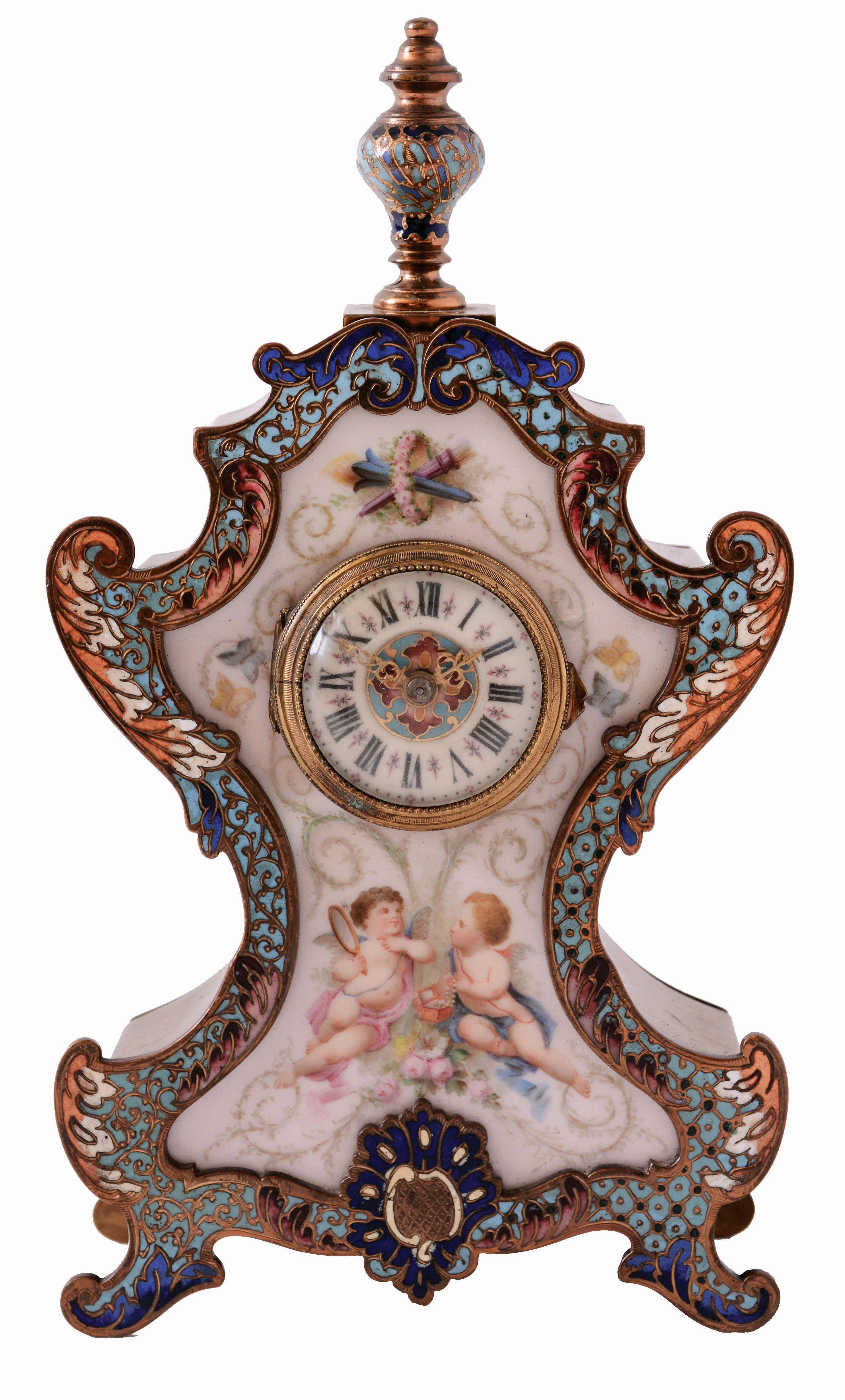 France, bedside clock, brass case with champleve enamel trimmed front framing a painting on porcelain featuring symbols of love, and two putti at the base, one with a jewelry box, and the other with mirror, Roman numeral white enamel dial with champleve center, Louis XV hands, 8 day timepiece with cylinder platform, c1900 — Antique Clocks Price Guide