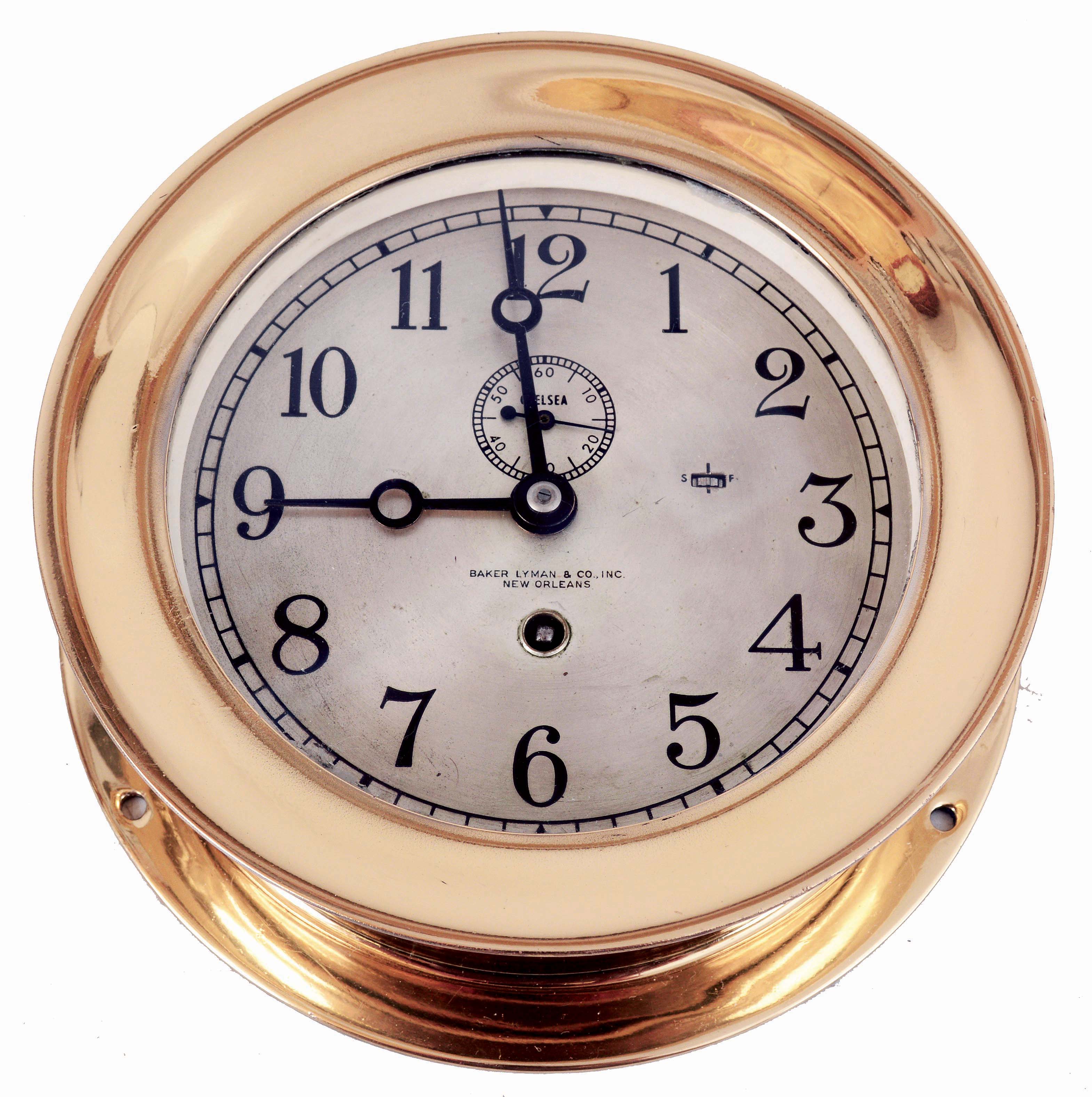 Chelsea Clock Co., Boston, Mass., 8 days, spring brass movement ward room wall timepiece retailed by Baker Lyman & Co., Inc., New Orleans. serial #722440, c1968 — Antique Clocks Price Guide