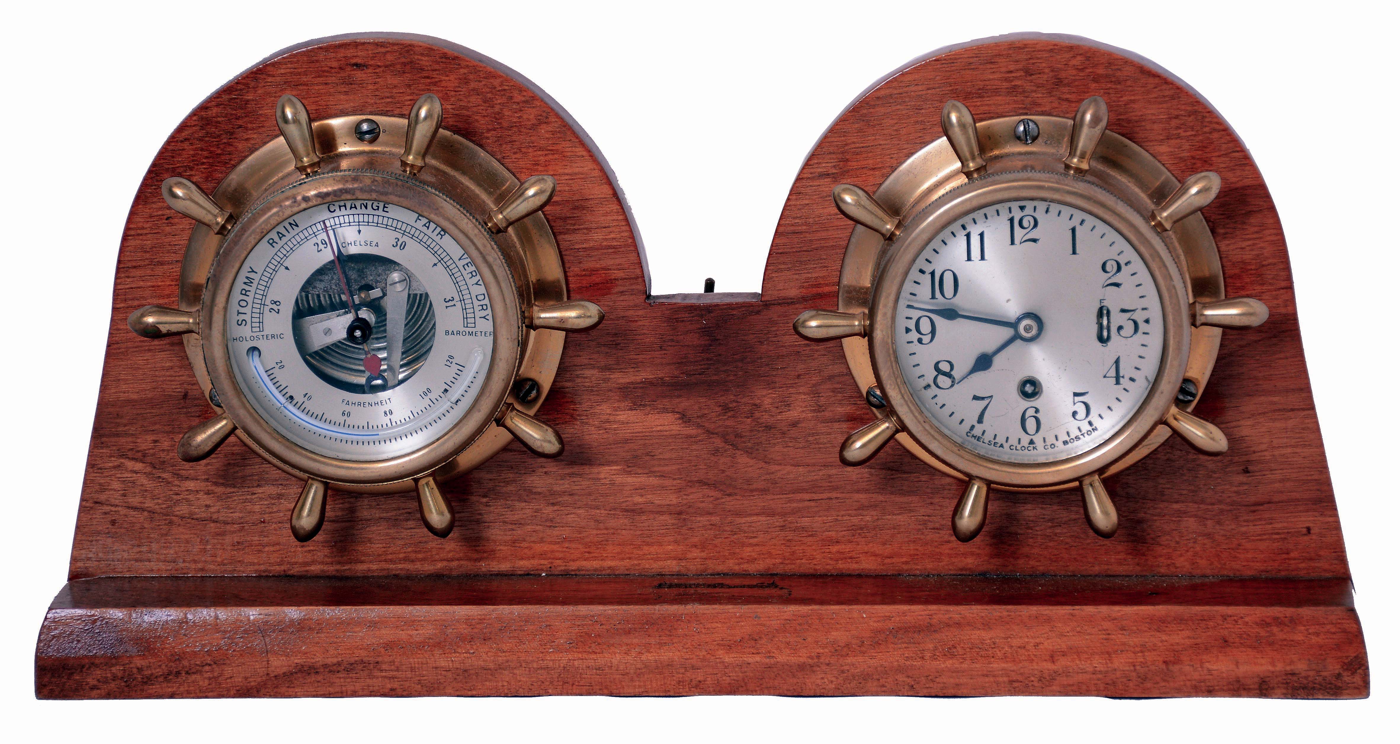 Chelsea Clock Co., Boston, Mass., "Manhattan", 8 days, spring brass lever movement barometer and clock set, c1976, serial #796490 — Antique Clocks Price Guide