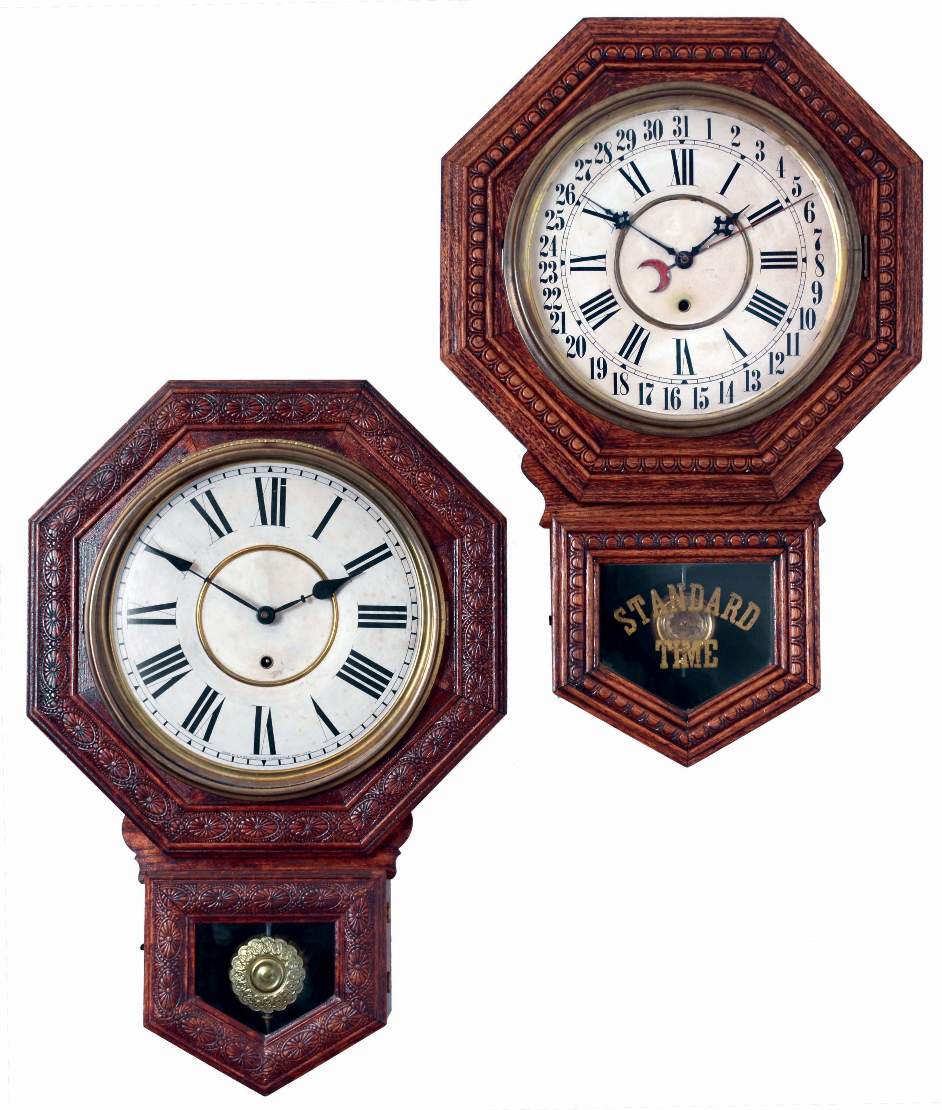 Clocks- 2 (Two): (1) E. N. Welch Manufacturing Co., Forestville, Conn., "Gentry" wall hanging clock in an oak case with a spring driven, 8 days timepiece movement, c1900. (2) Gilbert Clock Co., Winsted, Conn., "Admiral" wall hanging clock in an oak case with a spring driven, 8 days, time and calendar movement, c1910. — Antique Clocks Price Guide
