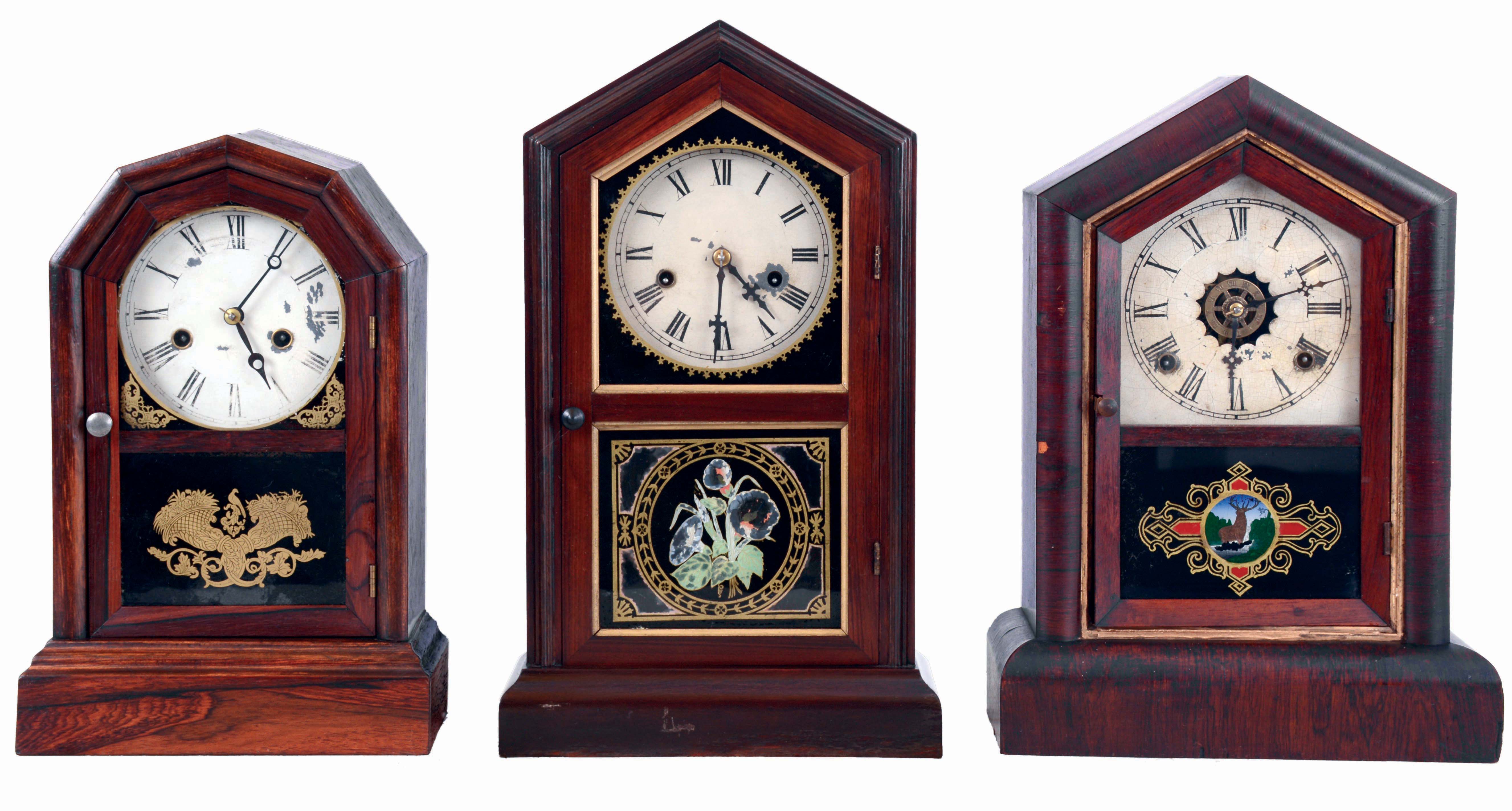 Clocks- 3 (Three): (1) New Haven Clock Co., New Haven, Conn., "Tuscan", 30 hours, time and strike, spring driven brass movement mantel clock, c1890. (2) Atkins Clock Co., Bristol, Conn., 30 hours, time and strike, spring driven brass movement octagon top mantel clock, c1875. (3) William L. Gilbert Clock Co., Winsted, Conn., "Rocket", 30 hours, time and strike, spring driven brass movement mantel clock with alarm, c1880. — Antique Clocks Price Guide