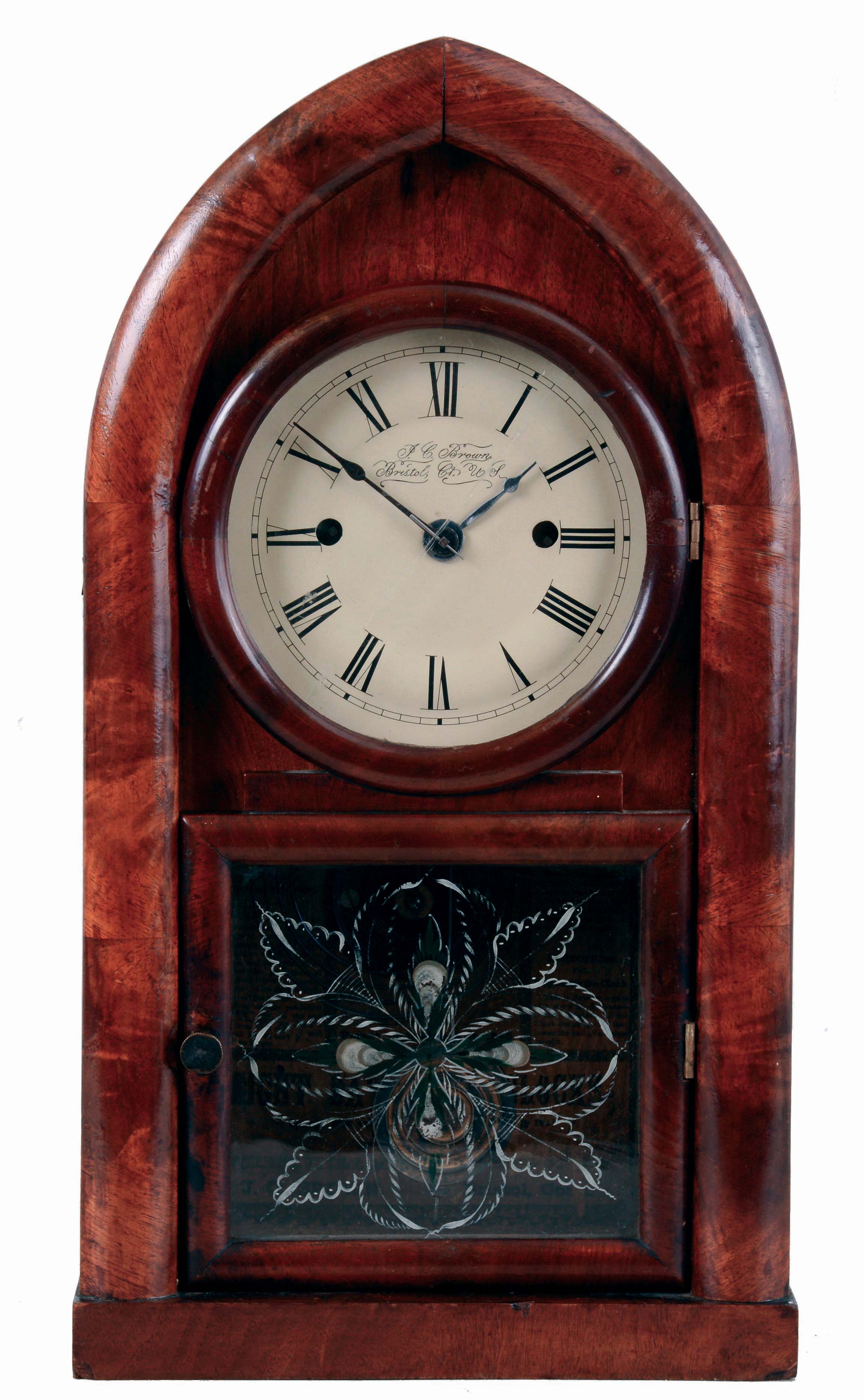 Forestville Manufacturing Co., J. C. Brown, Bristol. Conn. Beehive shelf clock in a mahogany veneered case with a spring driven, 8 days, fusee, time and strike movement, c1848. — Antique Clocks Price Guide