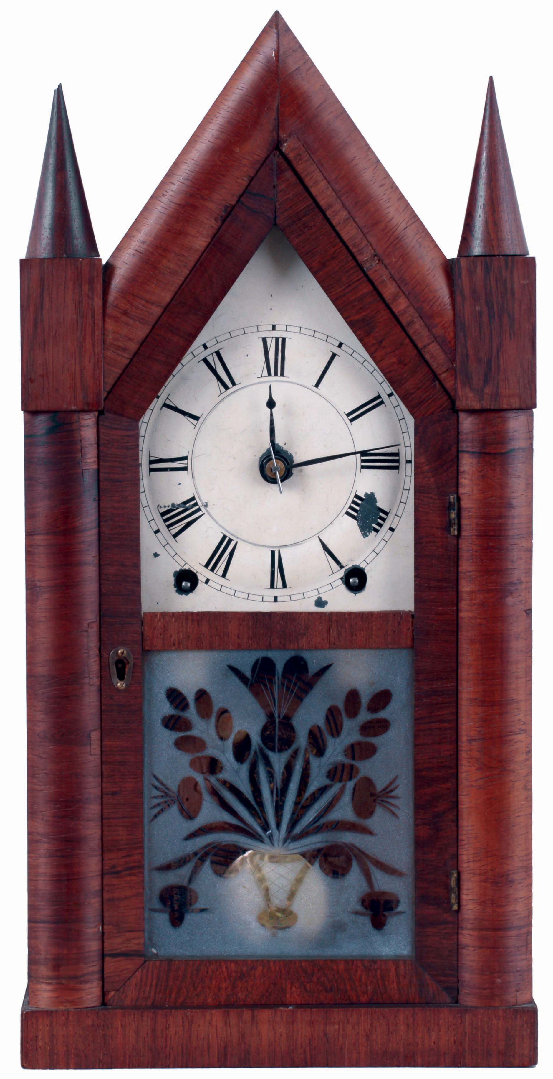 Brewster & Ingrahams, Bristol, Conn., 8 days, time and strike, spring driven brass movement, back plate with iron spring cups sharp gothic or steeple clock, c1845 — Antique Clocks Price Guide