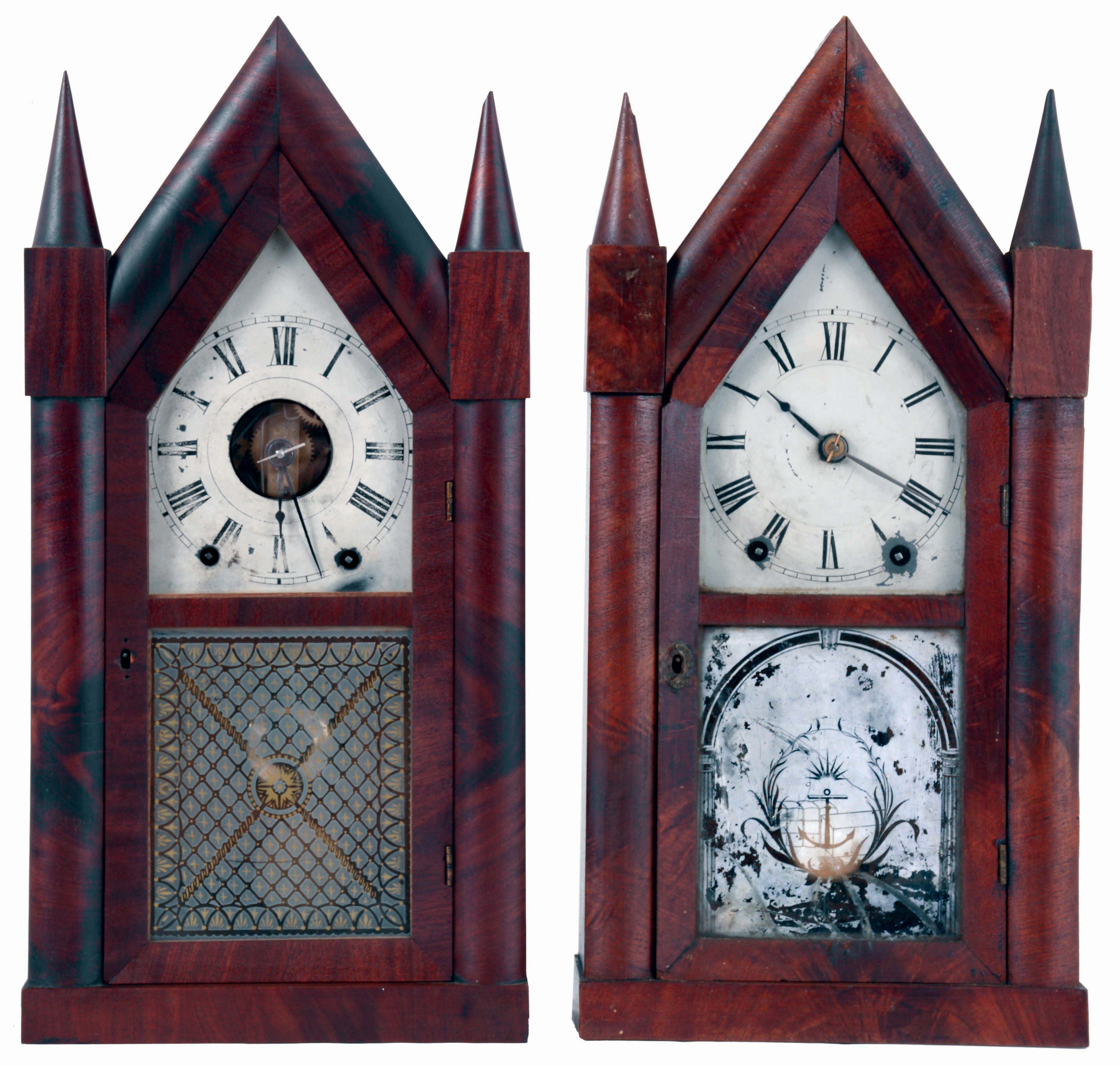 Clocks- 2 (Two): (1) Brewster & Ingrahams, Bristol, Conn., 30 hours, time and strike, spring driven brass iron back plate movement sharp gothic or steeple clock. (2) Brewster & Ingrahams., Bristol, Conn., 30 hours, time and strike, spring driven brass iron back plate movement sharp gothic or steeple clock, both c1845. — Antique Clocks Price Guide