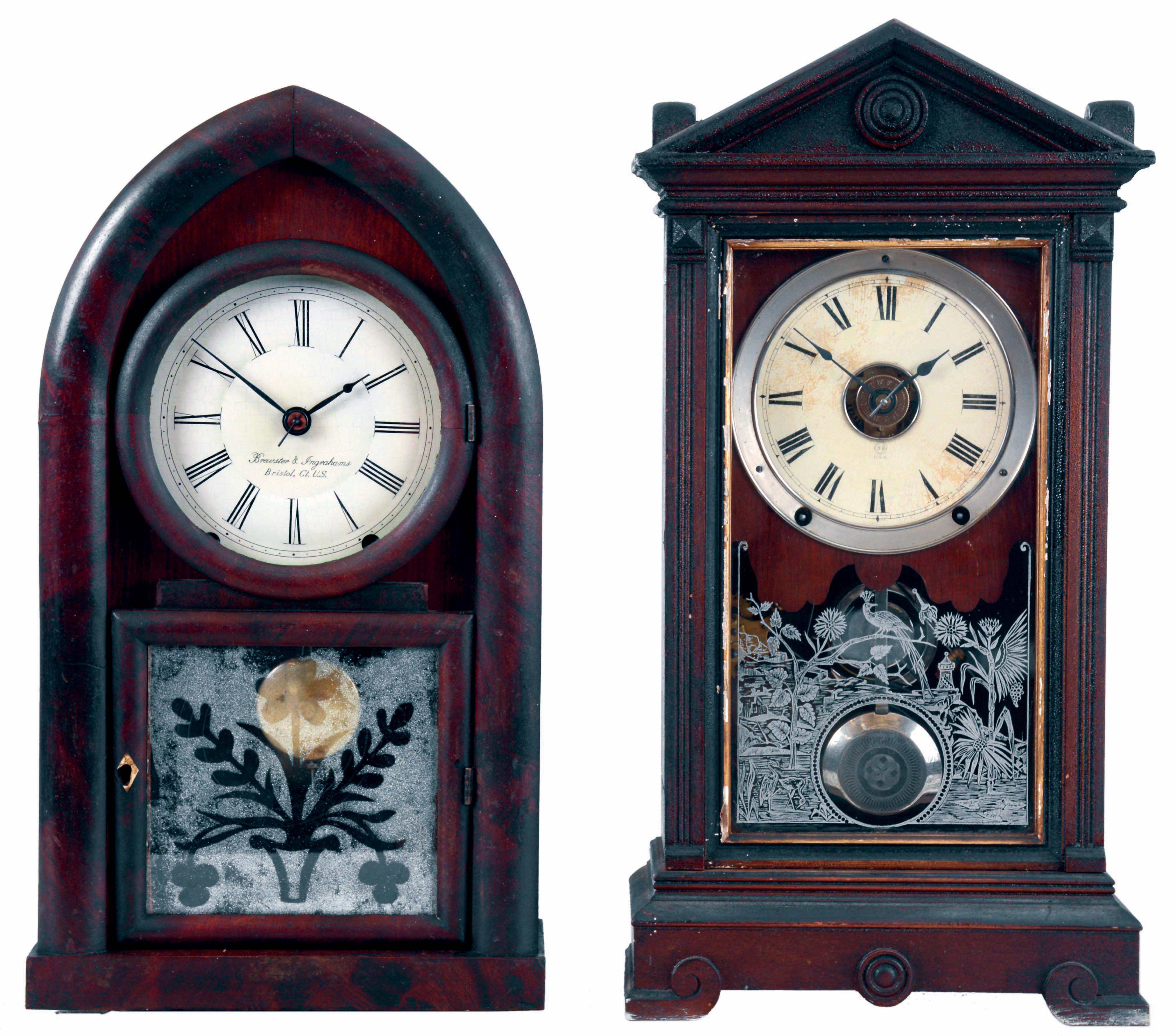 Clocks- 2 (Two): (1) Seth Thomas Clock Co., Thomaston, Conn., "Albany" shelf clock in a walnut case with a spring driven, 8 days, time, strike and alarm movement, c1888. (2) Brewster & Ingrahams, Bristol, Conn., Beehive shelf clock in a mahogany case with a spring driven, 8 days, time and strike movement, c1850. — Antique Clocks Price Guide