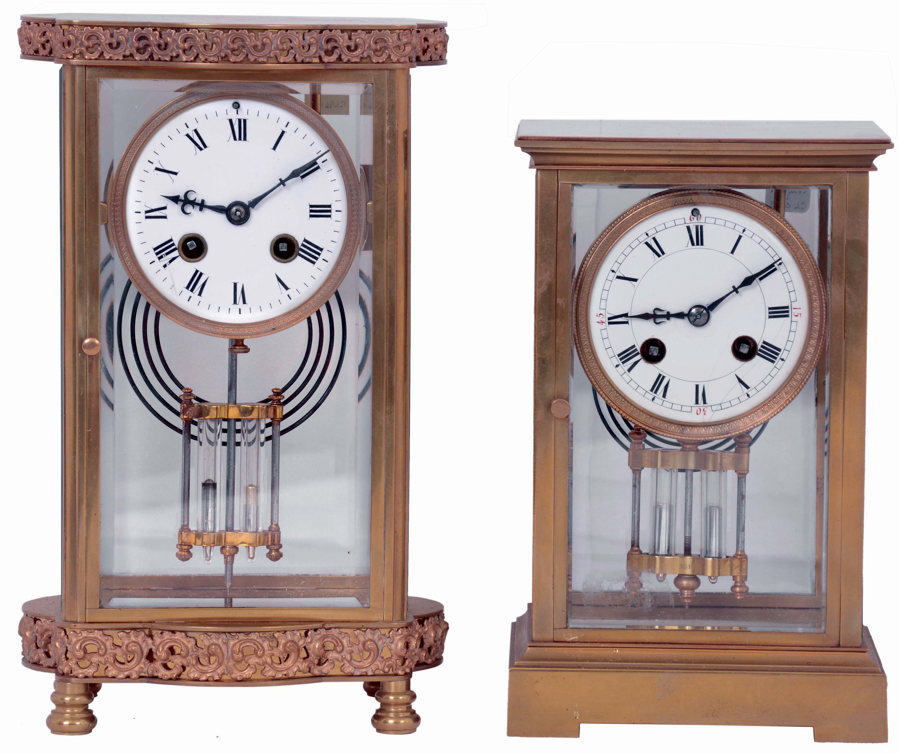 Clocks- 2 (Two):(1) French, 8 days, time and strike, spring driven brass movement crystal regulator mantel clock. (2) French, H&H (probably for Harris & Harrington), 8 days, time and strike, spring driven brass movement crystal regulator mantel clock, both c1900. — Antique Clocks Price Guide