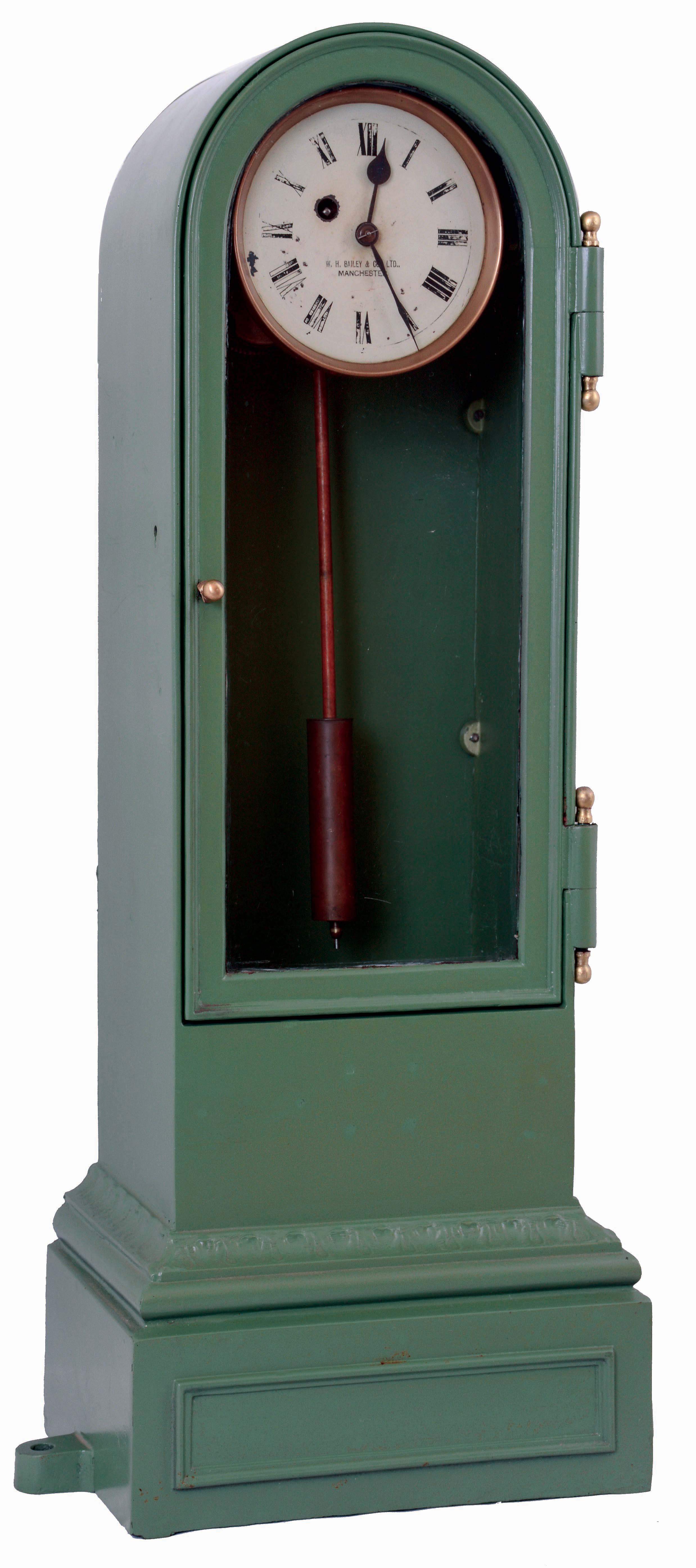 W. H. Bailey & Co., Ltd., Manchester, England, factory clock with cast iron domed top case, glazed front door with huge hinges, molded base, each side of the base with provision for bolting the clock to the floor, and Roman numeral white painted dial, blued steel spade and poker hands, 8 days fusee timepiece movement with cylindrical brass pendulum, c1900 — Antique Clocks Price Guide