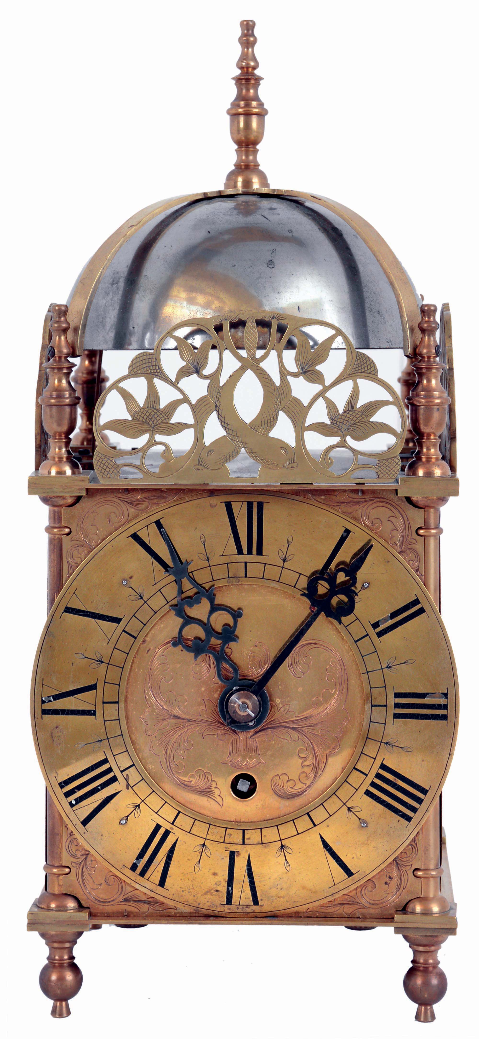 Elliott, London, large lantern clock, polished brass case with large bell, Roman numeral engraved brass dial, blued steel hands, fusee timepiece pendulum movement with passing strike, mid 20th century — Antique Clocks Price Guide
