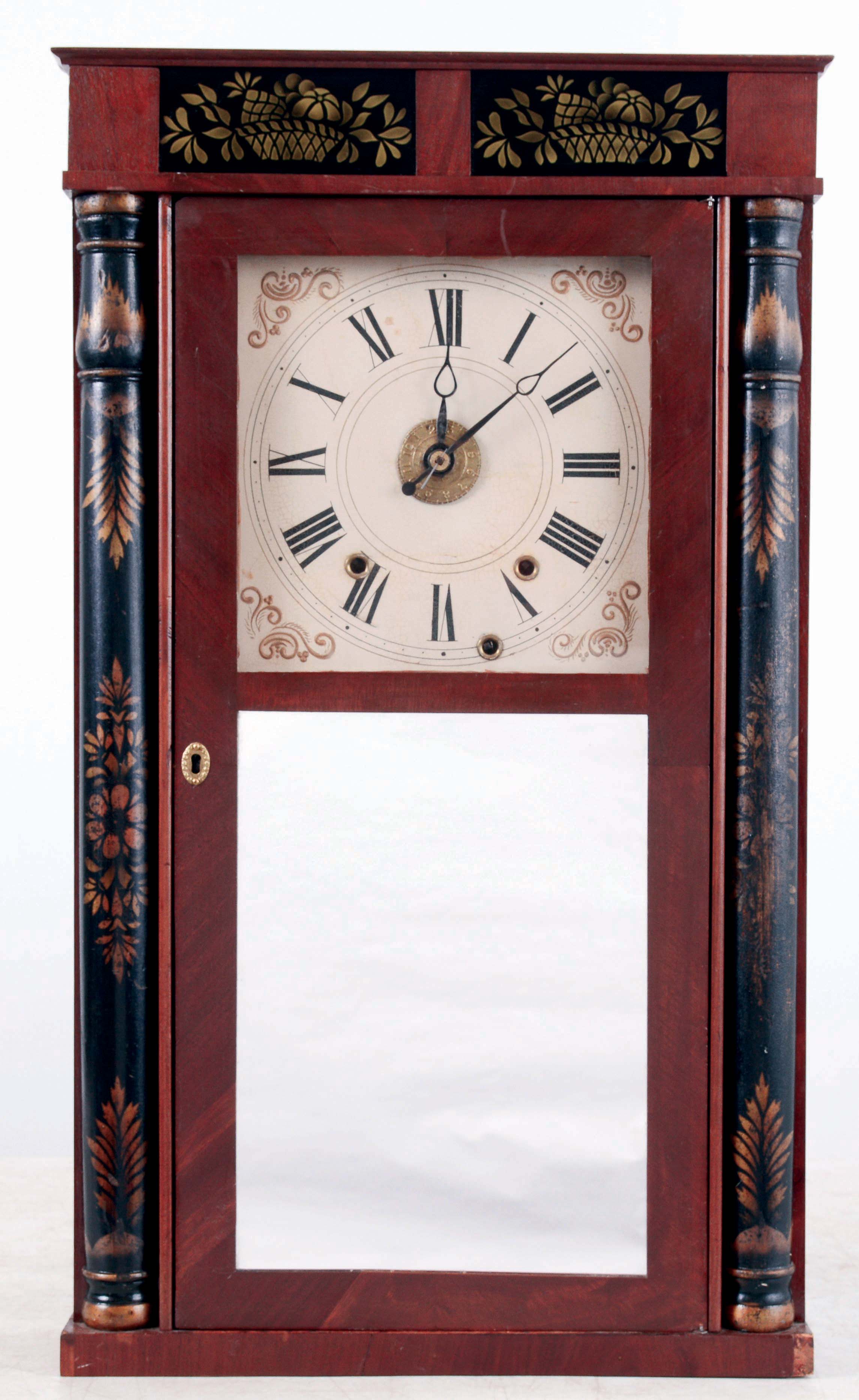 Henry Terry & Co., Plymouth, Conn., 30 hours, time, strike and alarm, weight driven wood movement shelf clock, c1833 — Antique Clocks Price Guide