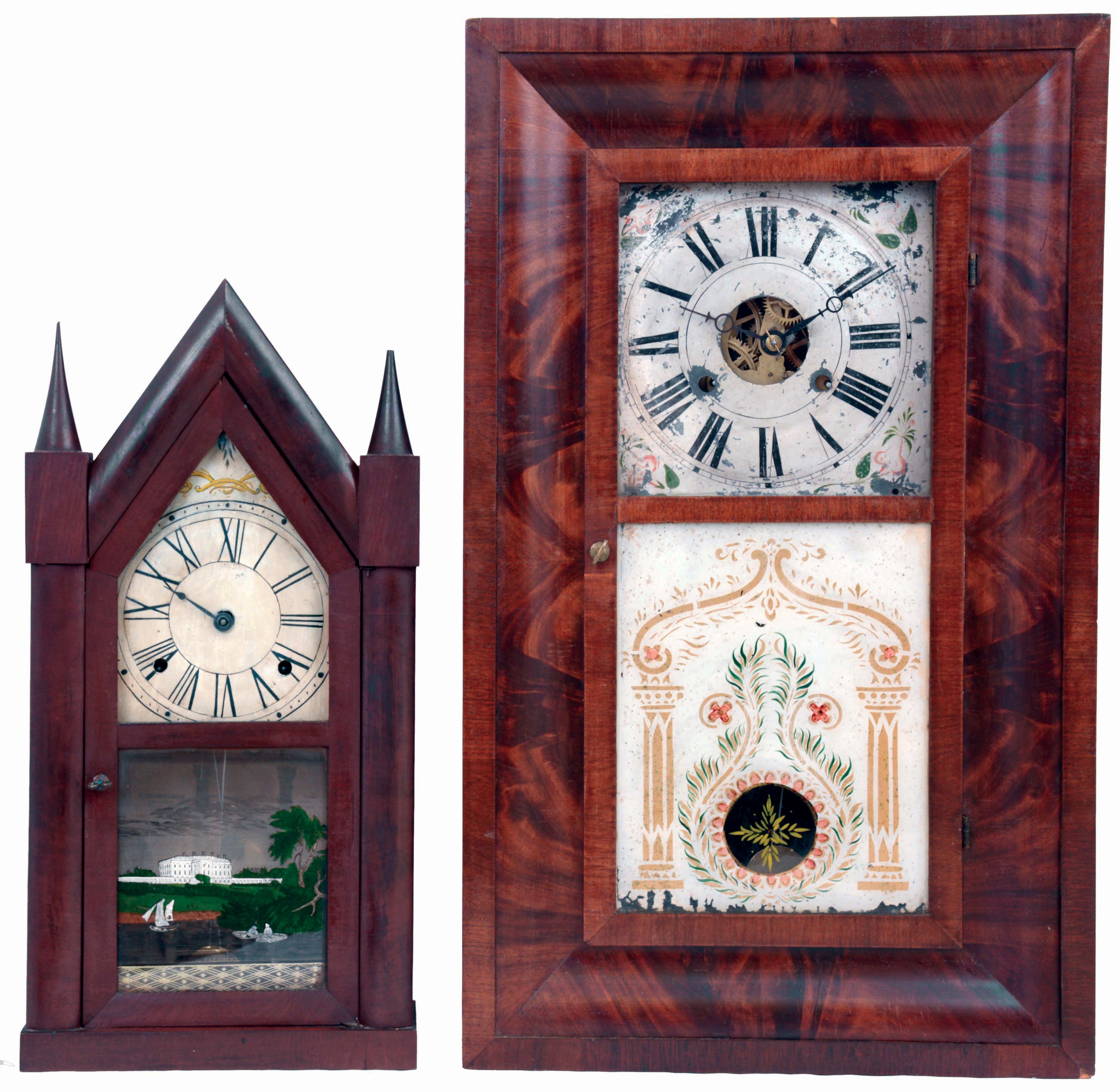 Clocks- 2 (Two): (1) J. S. Flet, Portland, Maine, overpasted label on a Brewster & Ingrahams 30 hours, time and strike, brass spring driven movement sharp gothic or steeple clock, c1848. (2) Elisha Manross, Bristol, Conn., 30 hours, time and strike, weight driven brass movement OG shelf clock, c1845. — Antique Clocks Price Guide