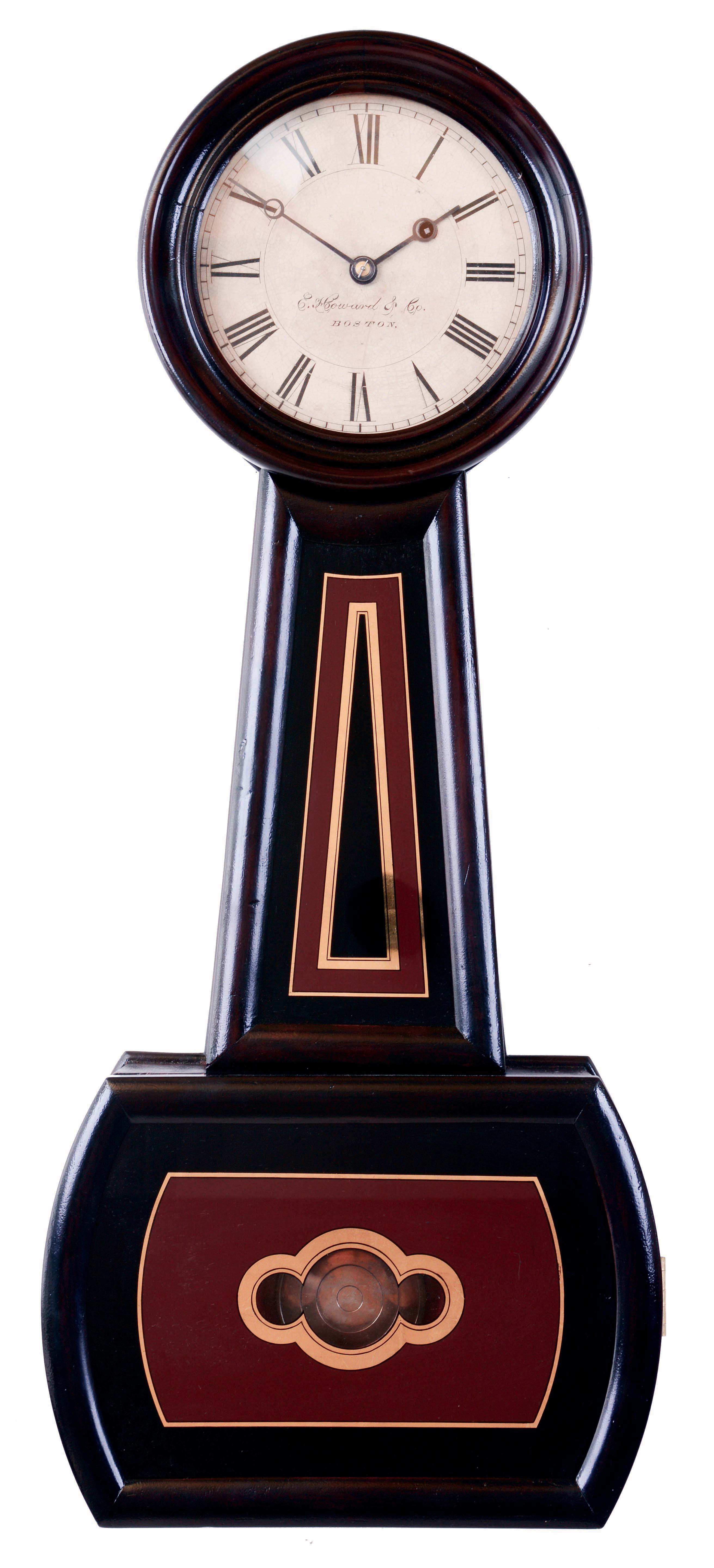 E. Howard & Co., Boston, Mass., "No. 5 Regulator" banjo clock, cherry case with convex molded frames, turned wooden bezel, and rosewood graining, Roman numeral white painted dial, blued steel Breguet style hands, signed, weight driven, 8 day timepiece movement, c1900 — Antique Clocks Price Guide