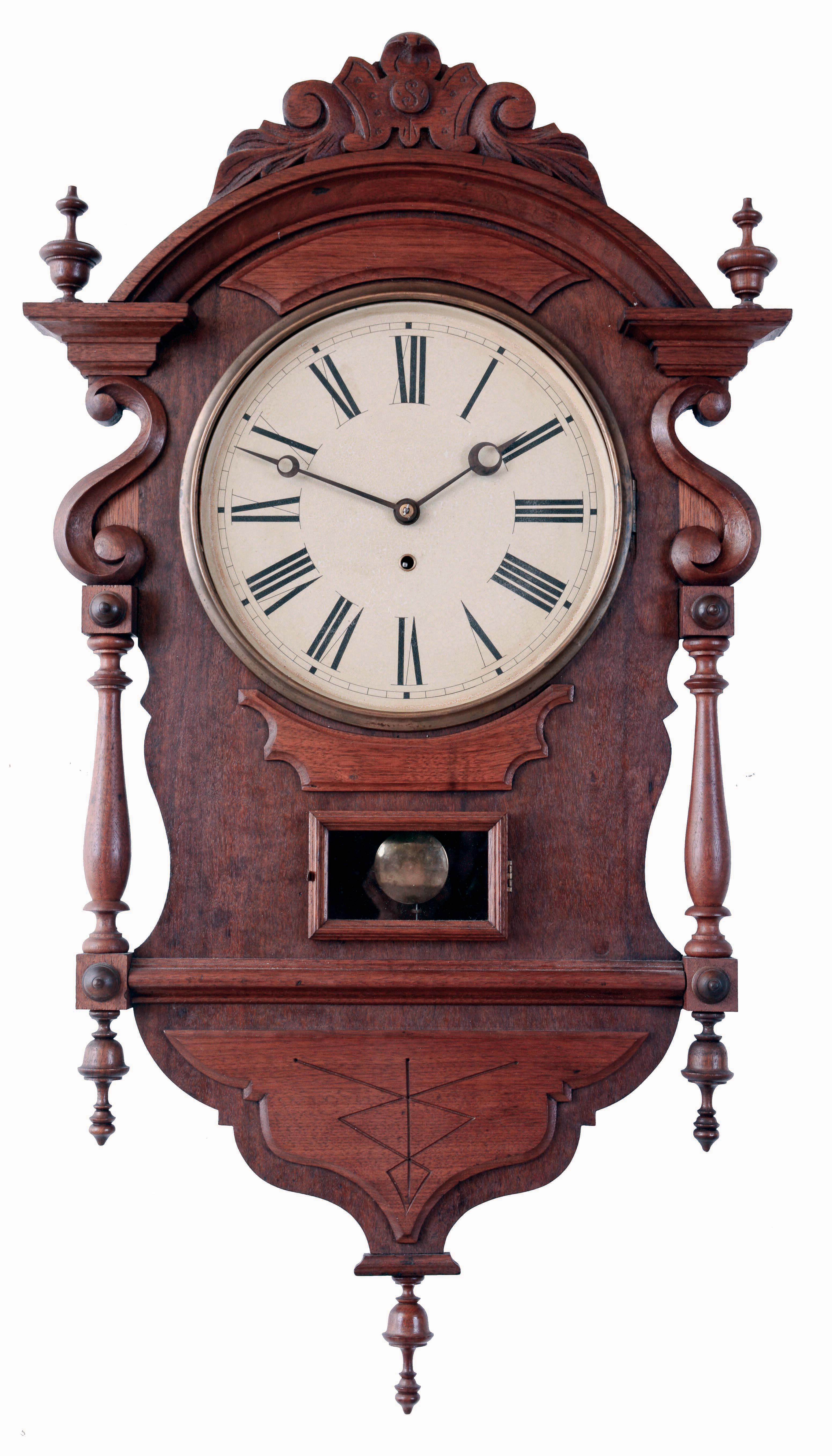 George A. Jones & Co., New York, NY, "Office Time" wall clock, mahogany case with carved and turned ornament, Roman numeral, white painted metal dial, blued steel moon hands, 8 days, spring powered timepiece movement, inside of case back with partial label, c1875 — Antique Clocks Price Guide