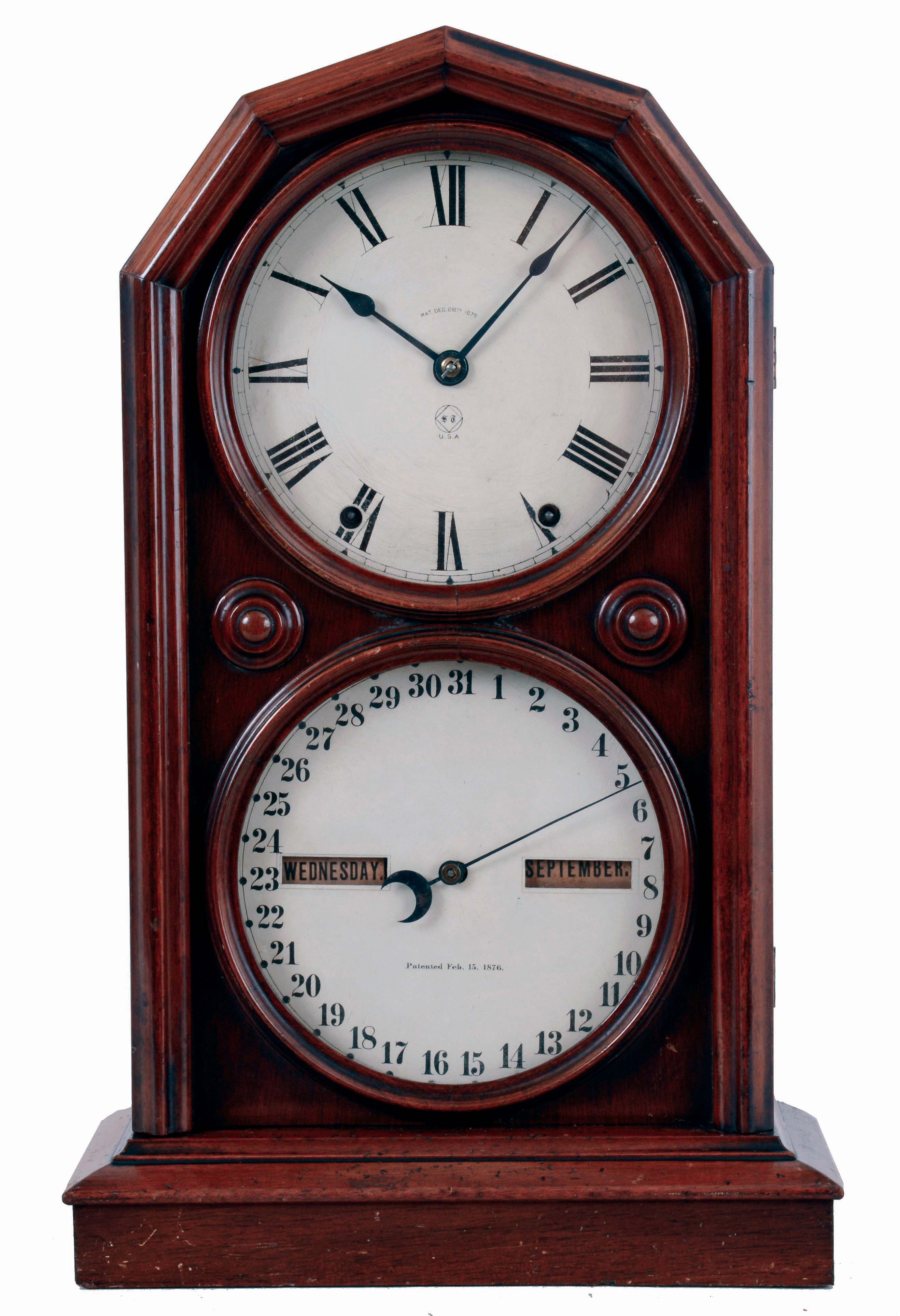 Seth Thomas Clock Co., Thomaston, Conn., "Parlor Calendar No. 5" shelf clock in a walnut case with a spring driven, 8 days, time and strike movement and a R. T. Andrews patented calendar mechanism, c1892. — Antique Clocks Price Guide