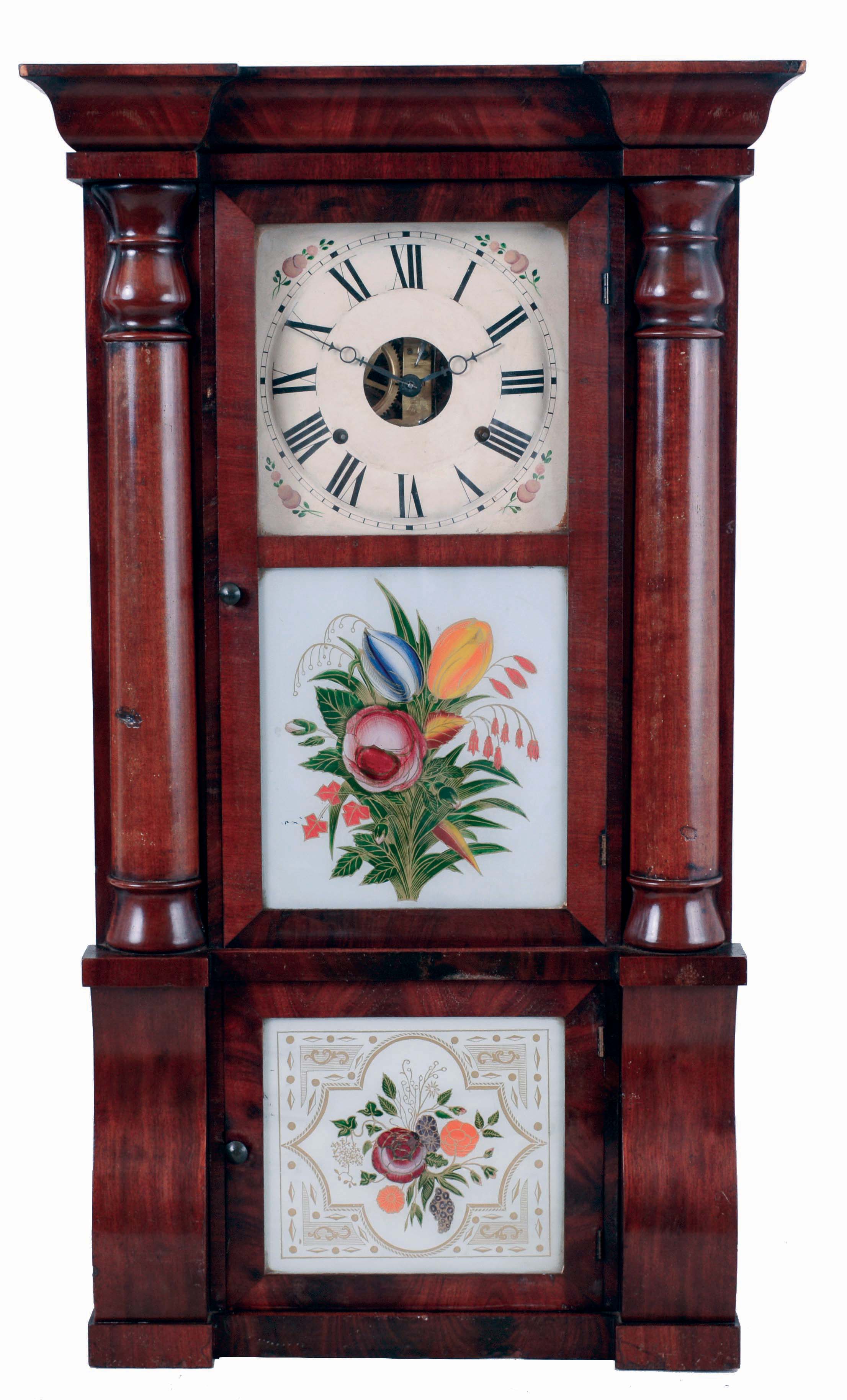 Seth Thomas Clock Co., Thomaston, Conn., "Cornice & Column" shelf clock in a mahogany case with a weight driven, 8 days, time and strike, lyre movement, c1870. — Antique Clocks Price Guide