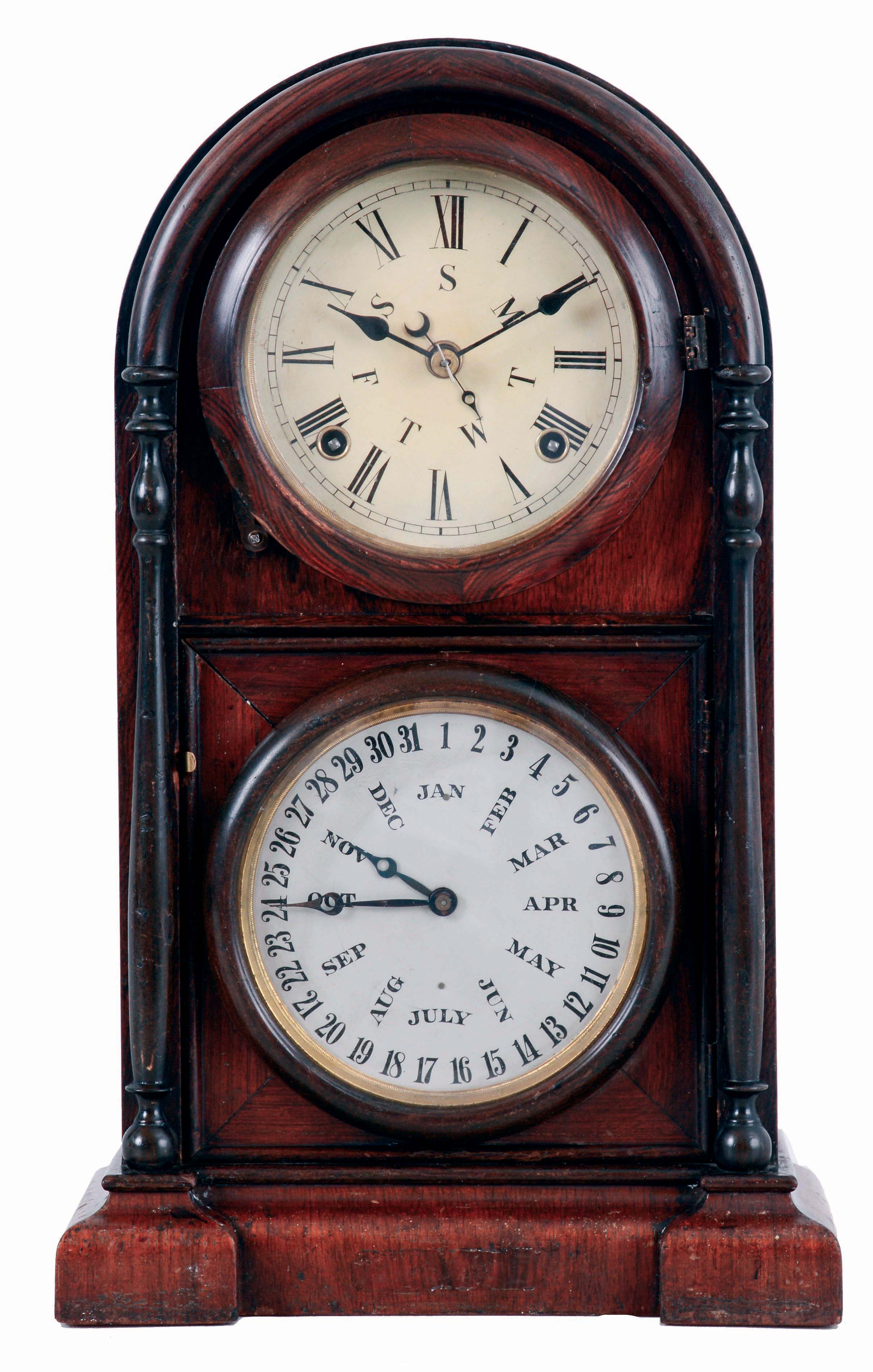 Welch, Spring & Co., Forestville, Conn., "Italian No. 3" shelf clock in a rosewood veneered case with a spring driven, 8 days, time and strike movement and a B. B. Lewis patented perpetual calendar mechanism, c1872. — Antique Clocks Price Guide