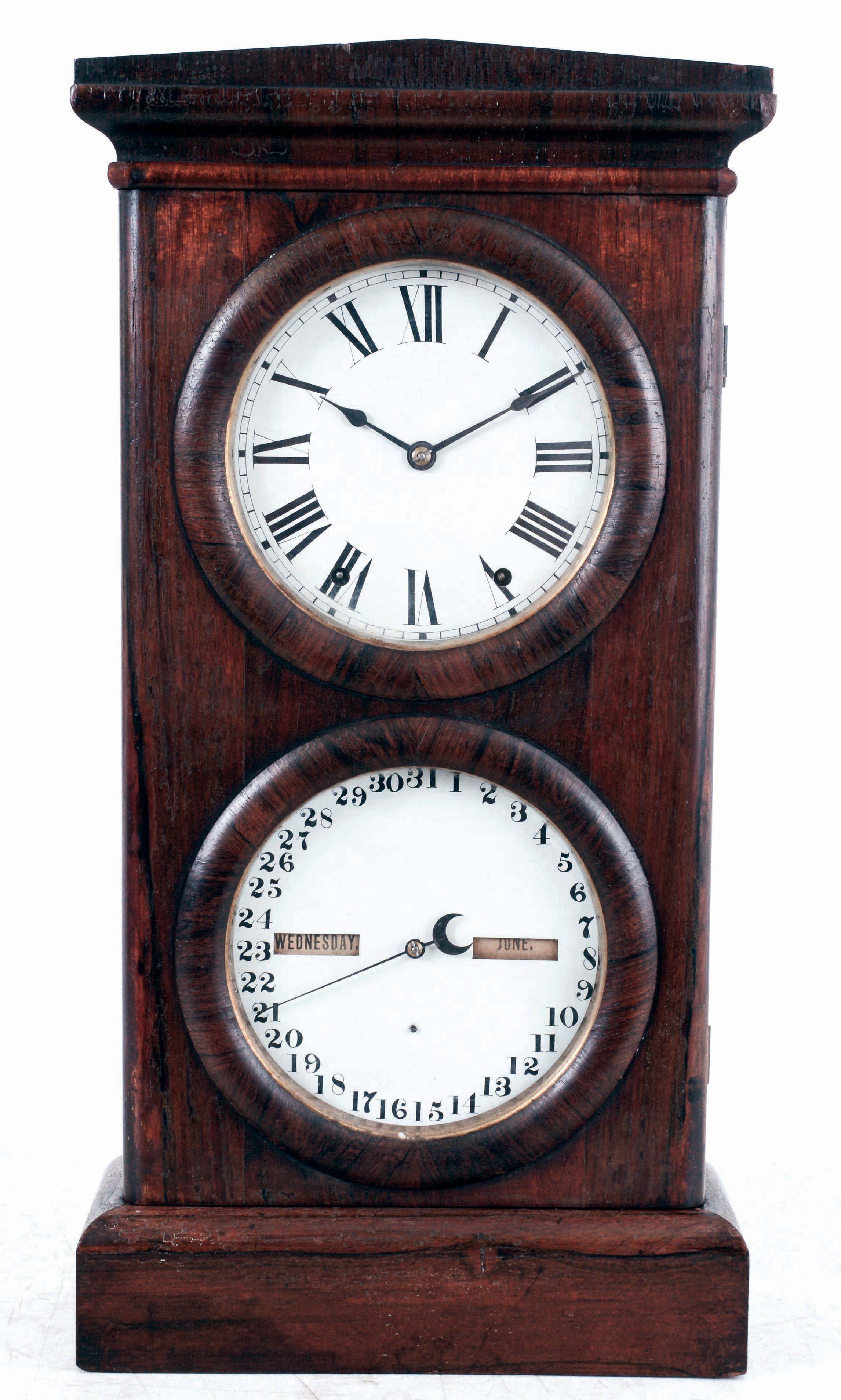 Seth Thomas Clock Co., Thomaston, Conn., "Parlor Calendar No. 3" mantel clock in a rosewood veneered case with a spring driven, 8 days, time & strike movement and a Mix Brothers patented calendar mechanism, c1870. — Antique Clocks Price Guide