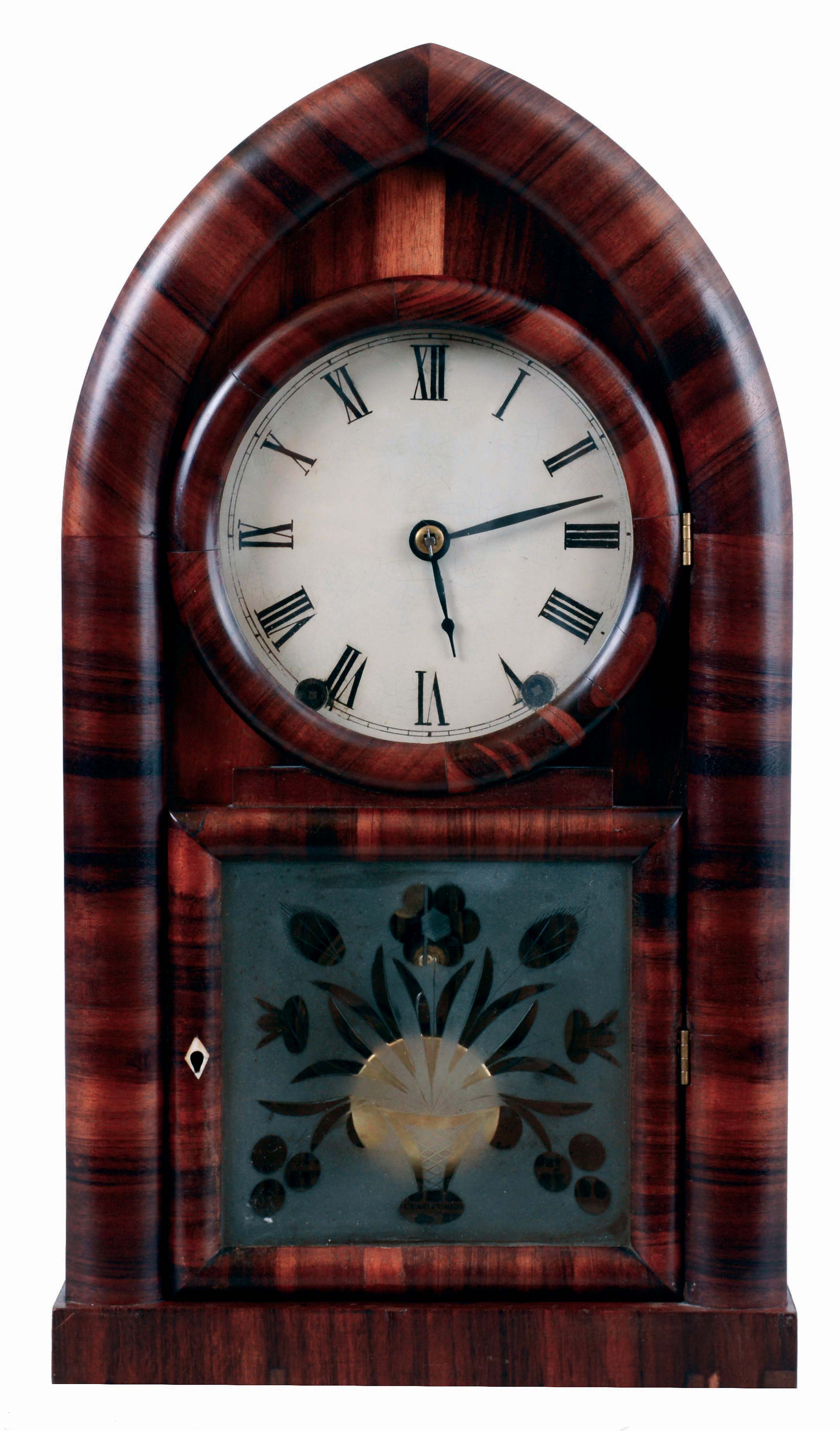 Brewster & Ingrahams, Bristol, Conn., 8 days, time and strike, spring driven brass and iron back plate Kirk's Patent movement round gothic or beehive clock, c1845 — Antique Clocks Price Guide
