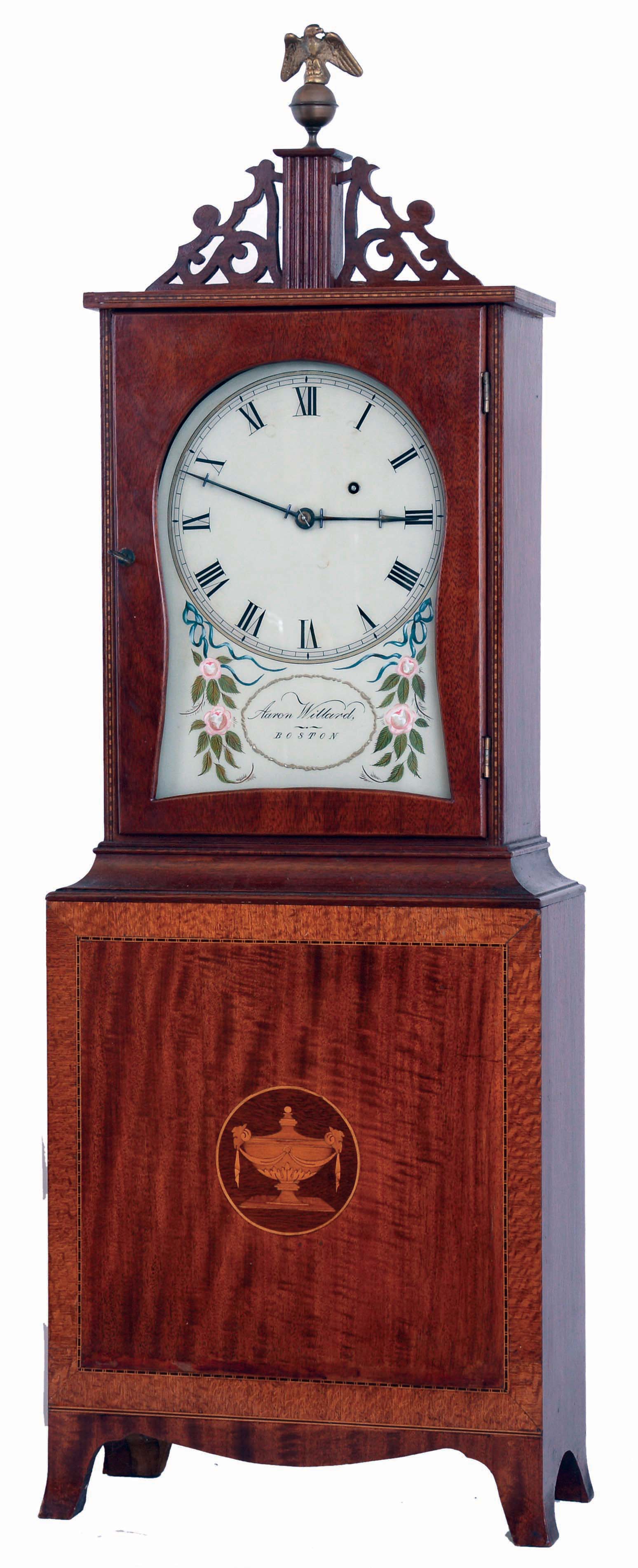 Reproduction Aaron Willard inlaid mahogany, 8 days, time only weight driven Massachusetts-style shelf clock, c1940 — Antique Clocks Price Guide