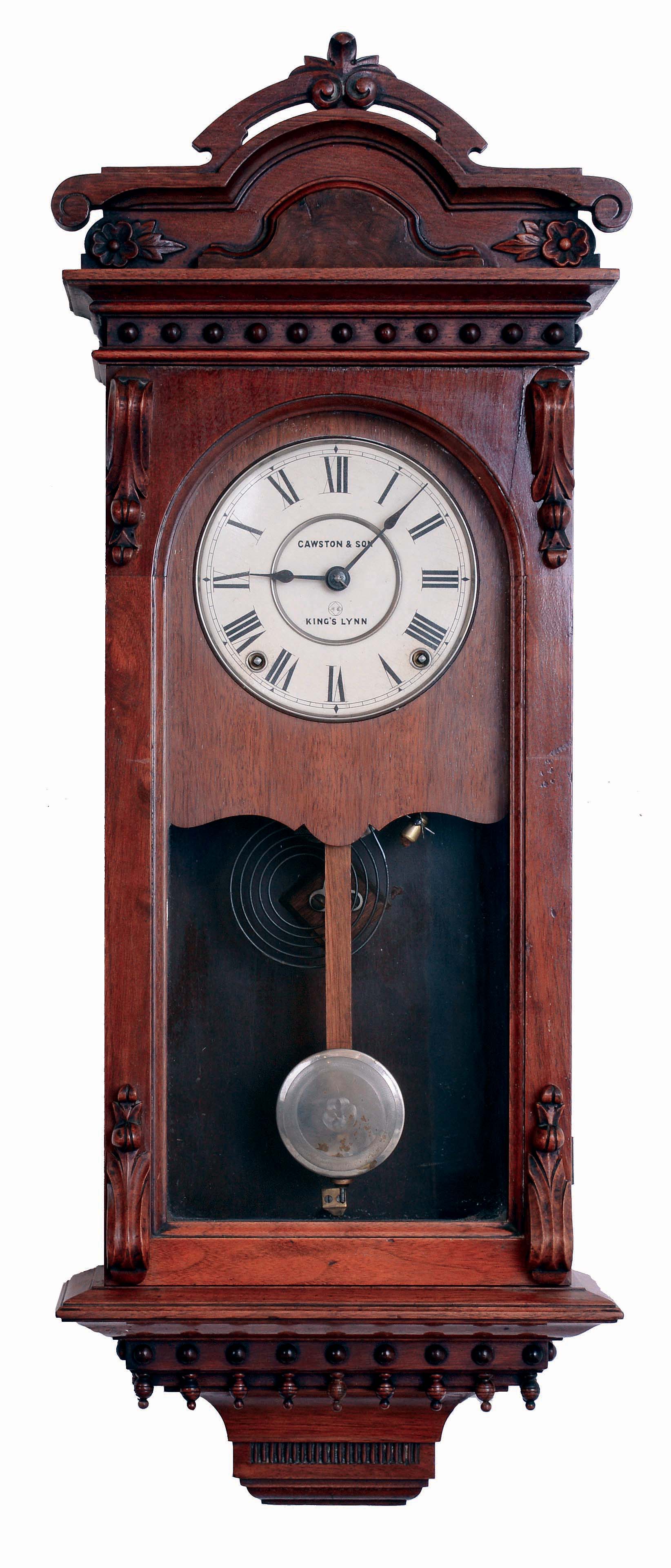 Seth Thomas Clock Co., Thomaston, Conn., special order wall clock. 8 day, time and strike, spring driven movement in a walnut case with carved and turned elements with a painted metal dial, c1880 — Antique Clocks Price Guide