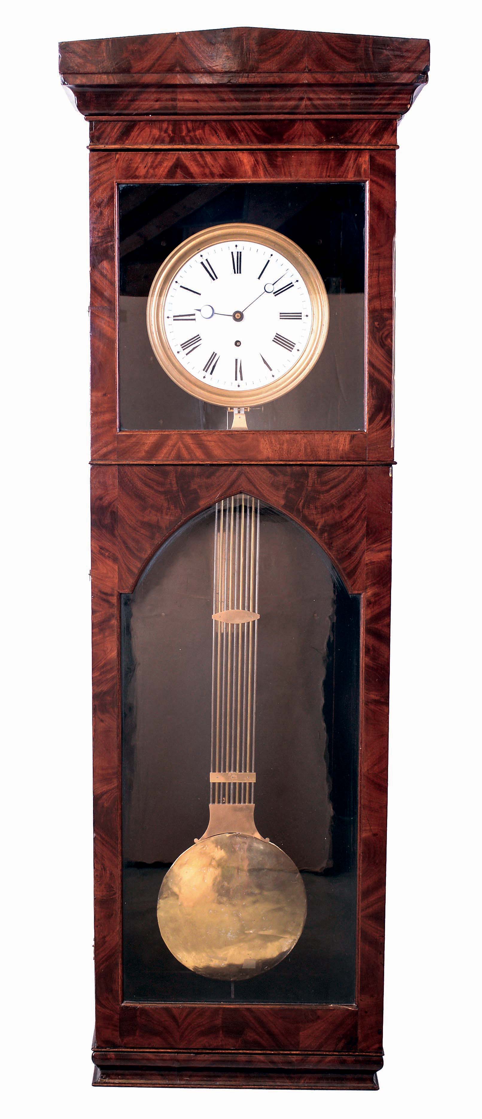 Jeweler's regulator, Swiss pinwheel movement in a French mahogany veneer case, 8 days, time only, weight driven with white enamel dial, c1875 — Antique Clocks Price Guide