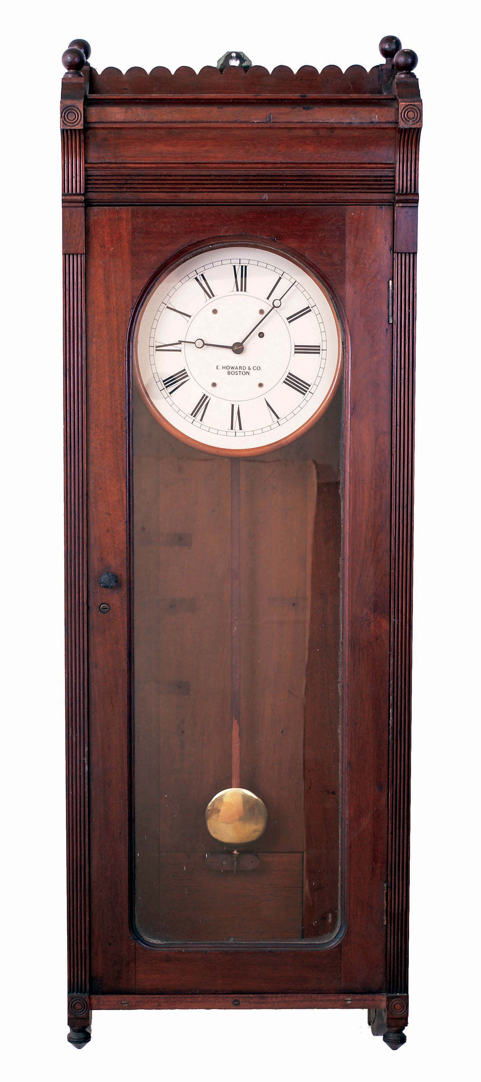 E. Howard & Co., Boston, Mass., "Watch Clock" with station for only one watchman, wall clock, 8 days, time only, weight driven movement in a walnut case with painted metal dial, c1888 — Antique Clocks Price Guide