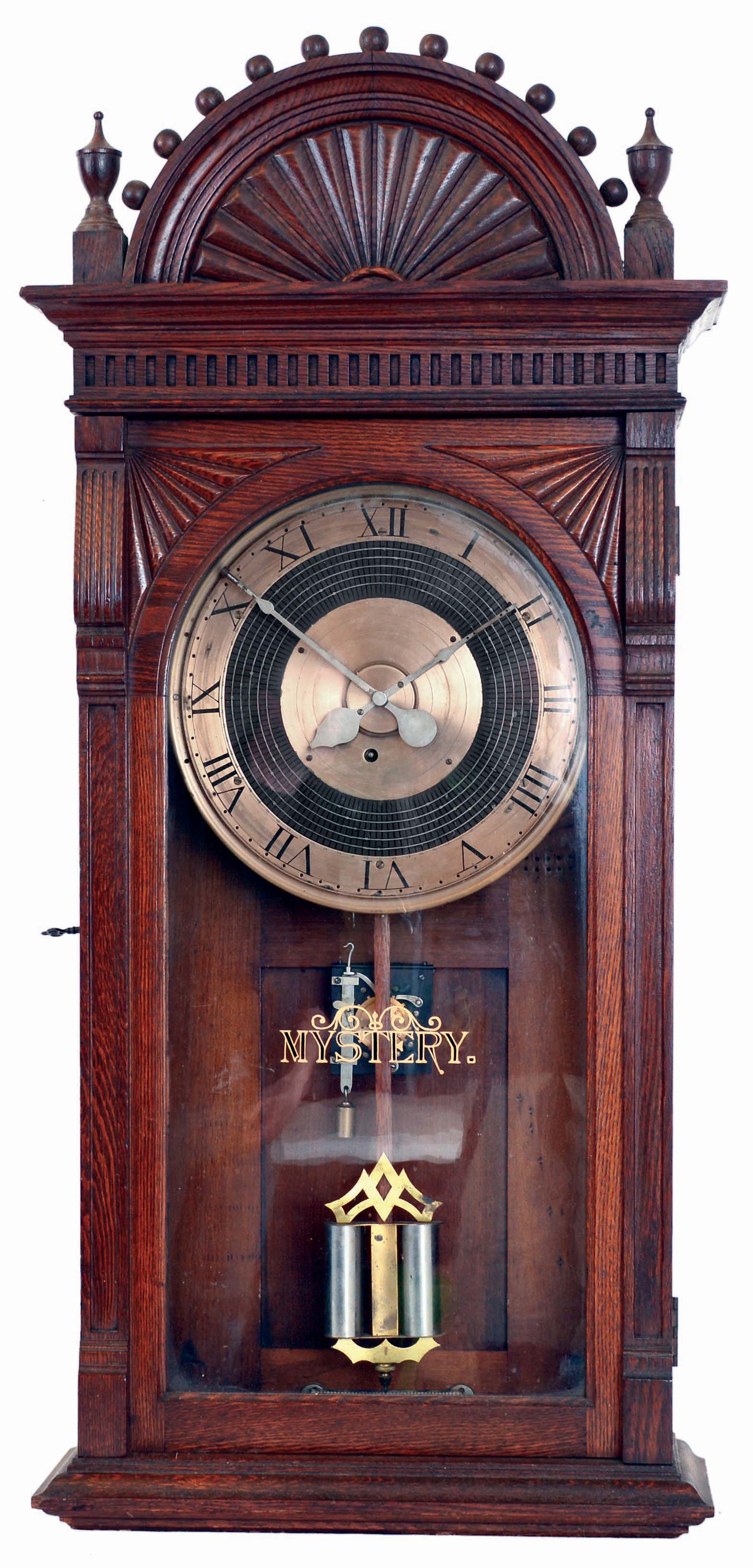 Unknown maker, "Mystery" program clock, 8 days, time only spring wound oak wall clock, weekly program unit, with electrical contacts, below the movement, c1930 — Antique Clocks Price Guide