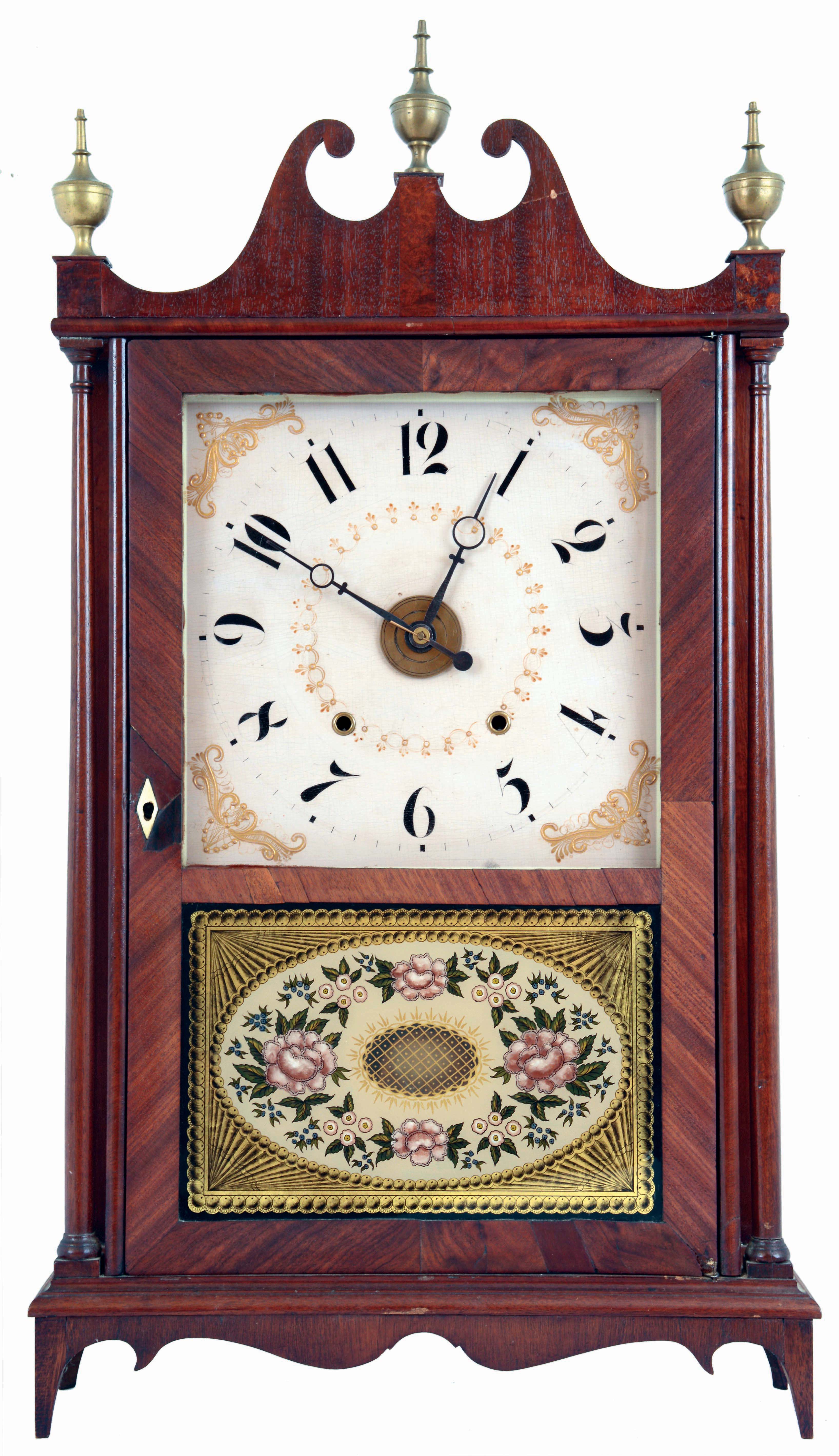 E. Terry & Sons, Plymouth, Conn., 30 hours, time and strike, weight driven wood movement with rare "window shade" alarm pillar & scroll shelf clock, c1830 — Antique Clocks Price Guide