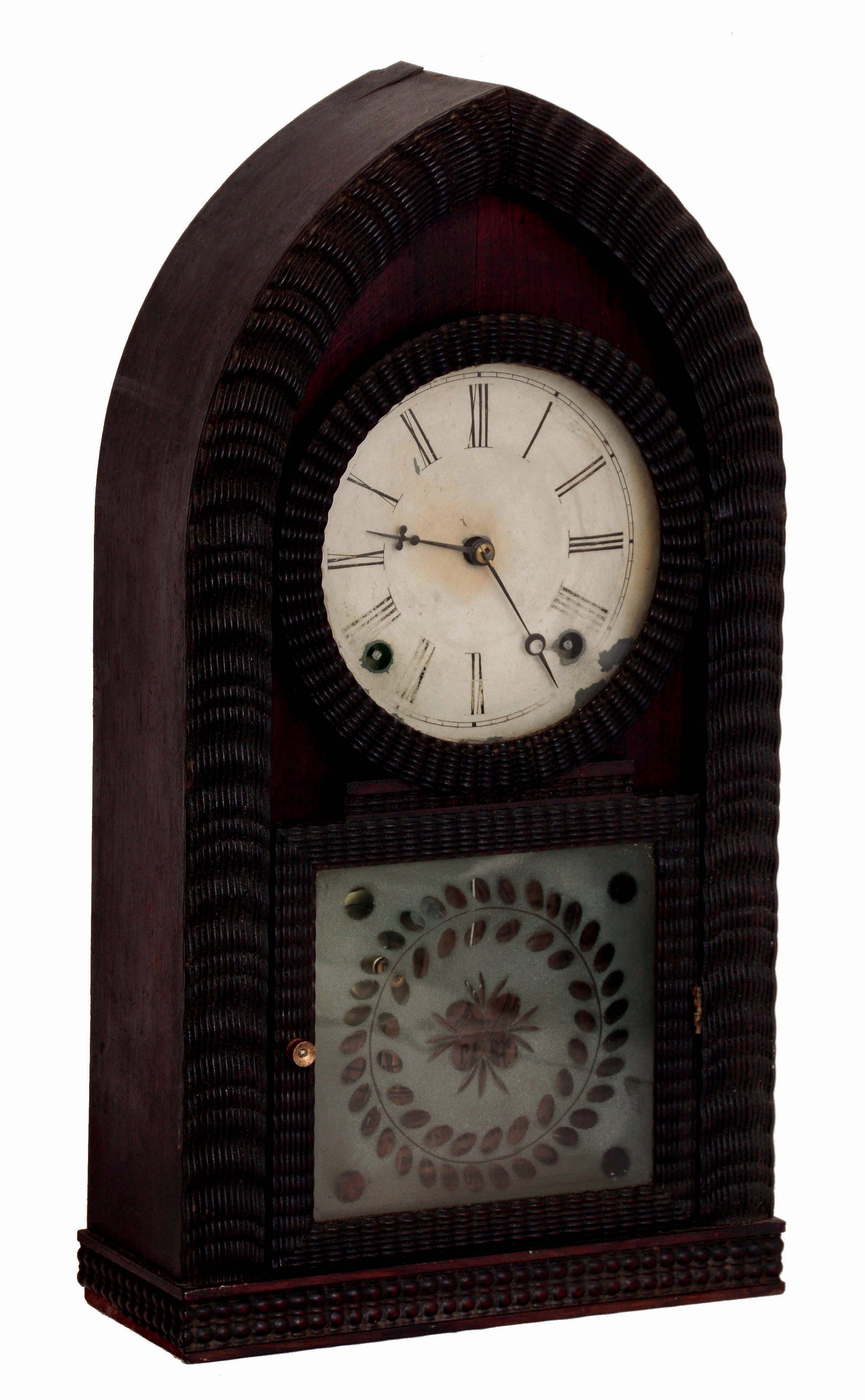 Forestville Mfg. Co., (J.C. Brown), Forestville, Conn., 8 days, time and strike, spring driven brass movement, ripple molded round gothic or beehive shelf clock, c1850 — Antique Clocks Price Guide