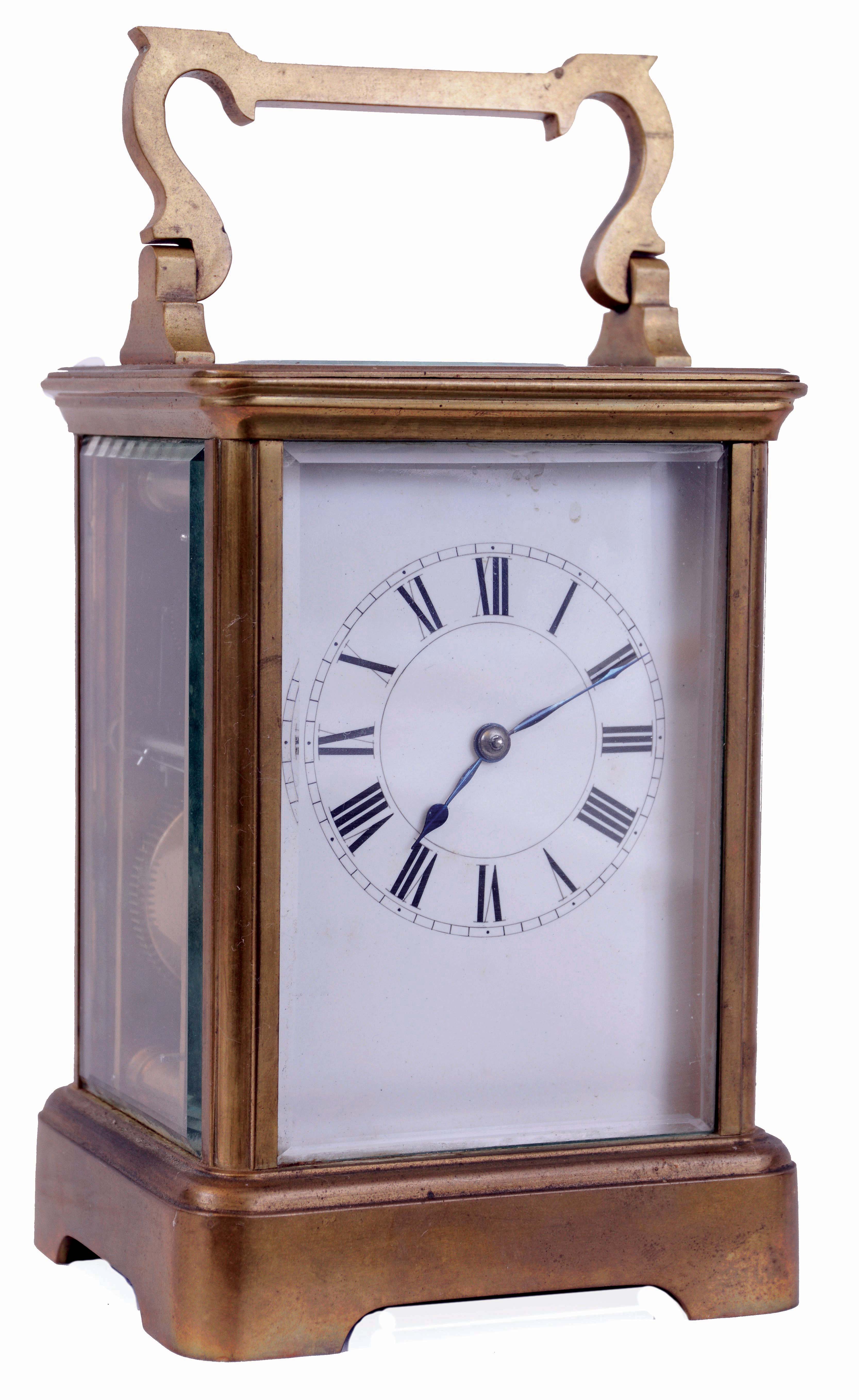 France, carriage clock with travel case, gilt brass Corniche variant case with beveled glasses, Roman numeral white enamel dial, blued steel hands, 8 days, time and strike movement with lever platform, leather covered wooden case with sliding panel and key, c1900 — Antique Clocks Price Guide