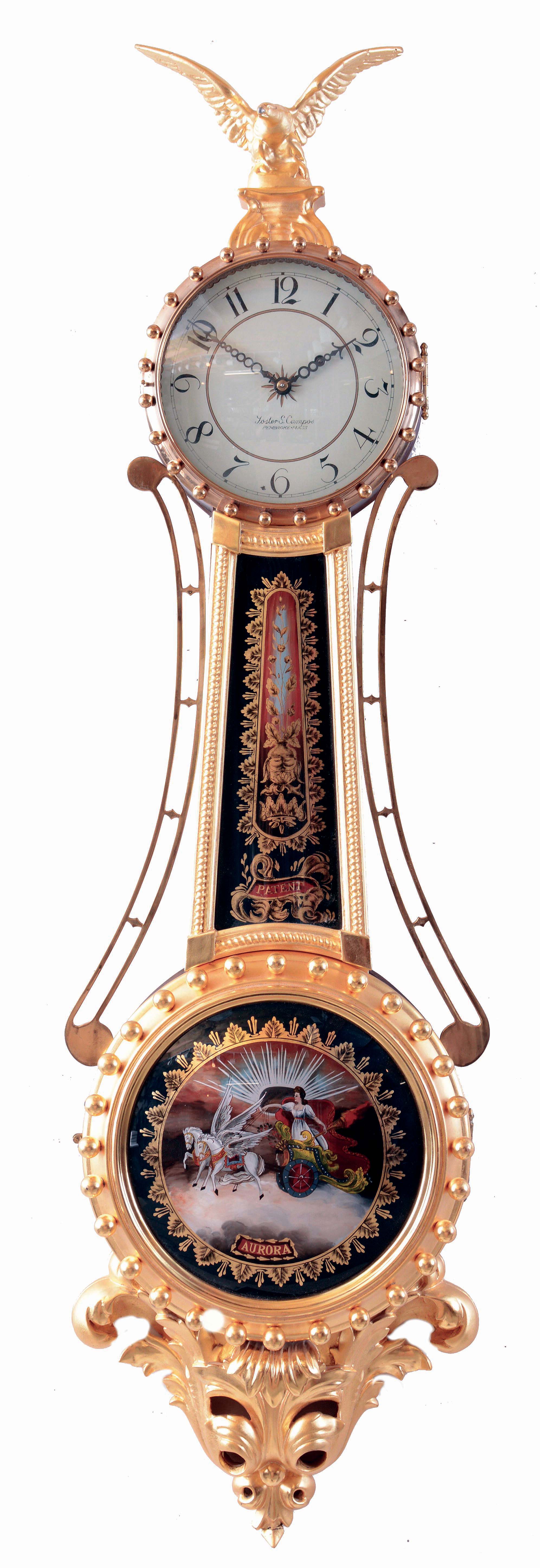 Foster Campos, Pembroke, Mass., girandole clock, mahogany case with gilt frames and bracket, convex paint decorated tablets, the lower featuring Aurora in her chariot, Arabic numeral white painted dial, 8 days, weight driven timepiece movement by Kilbourn & Proctor, serial #2 — Antique Clocks Price Guide
