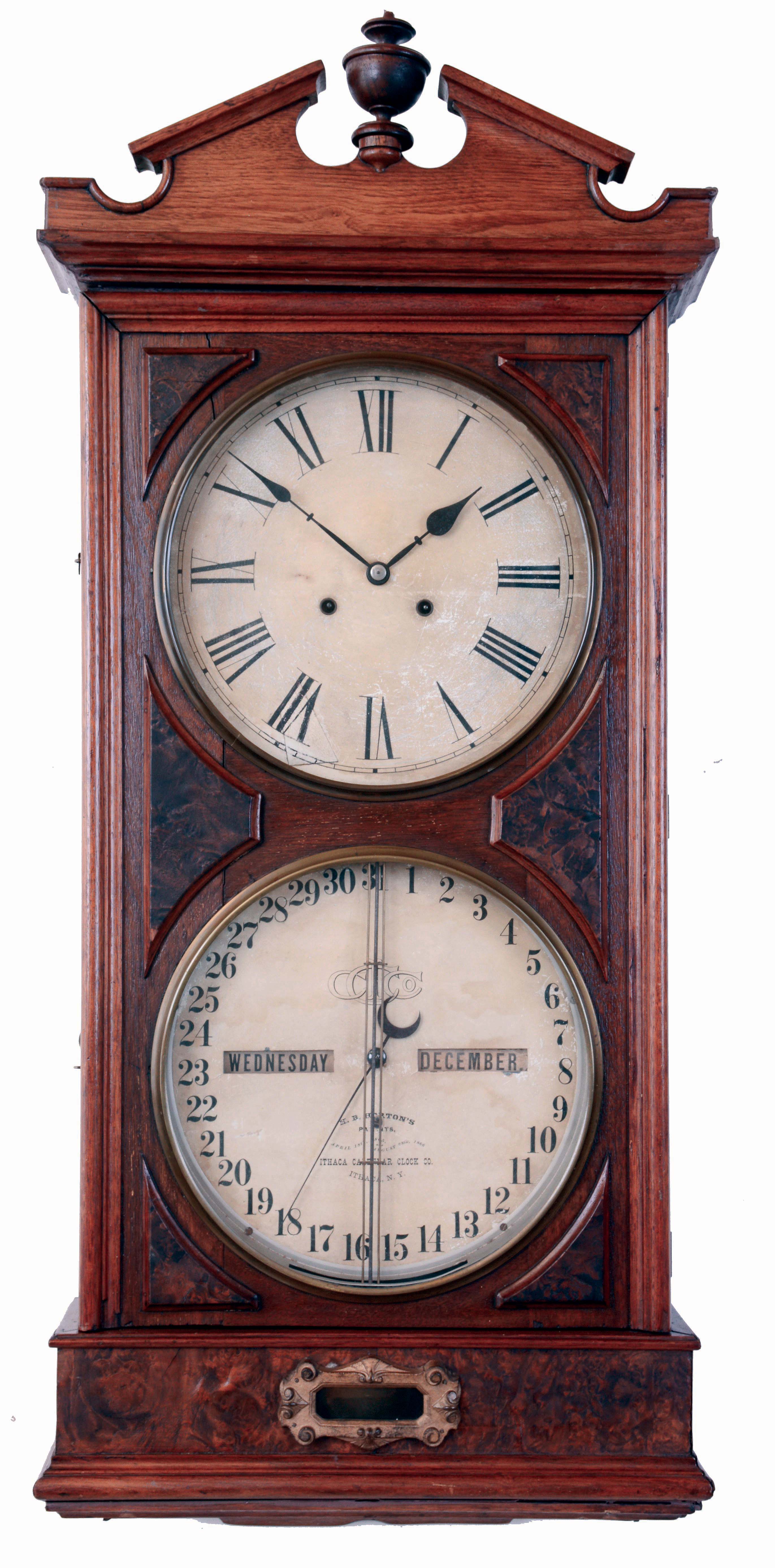 Ithaca Calendar Clock Co., Ithaca, NY, "No. 2 Regulator or Hanging Bank", 8 days, double weight brass movement double dial calendar wall timepiece, c1874, Case is stamped 2260. — Antique Clocks Price Guide