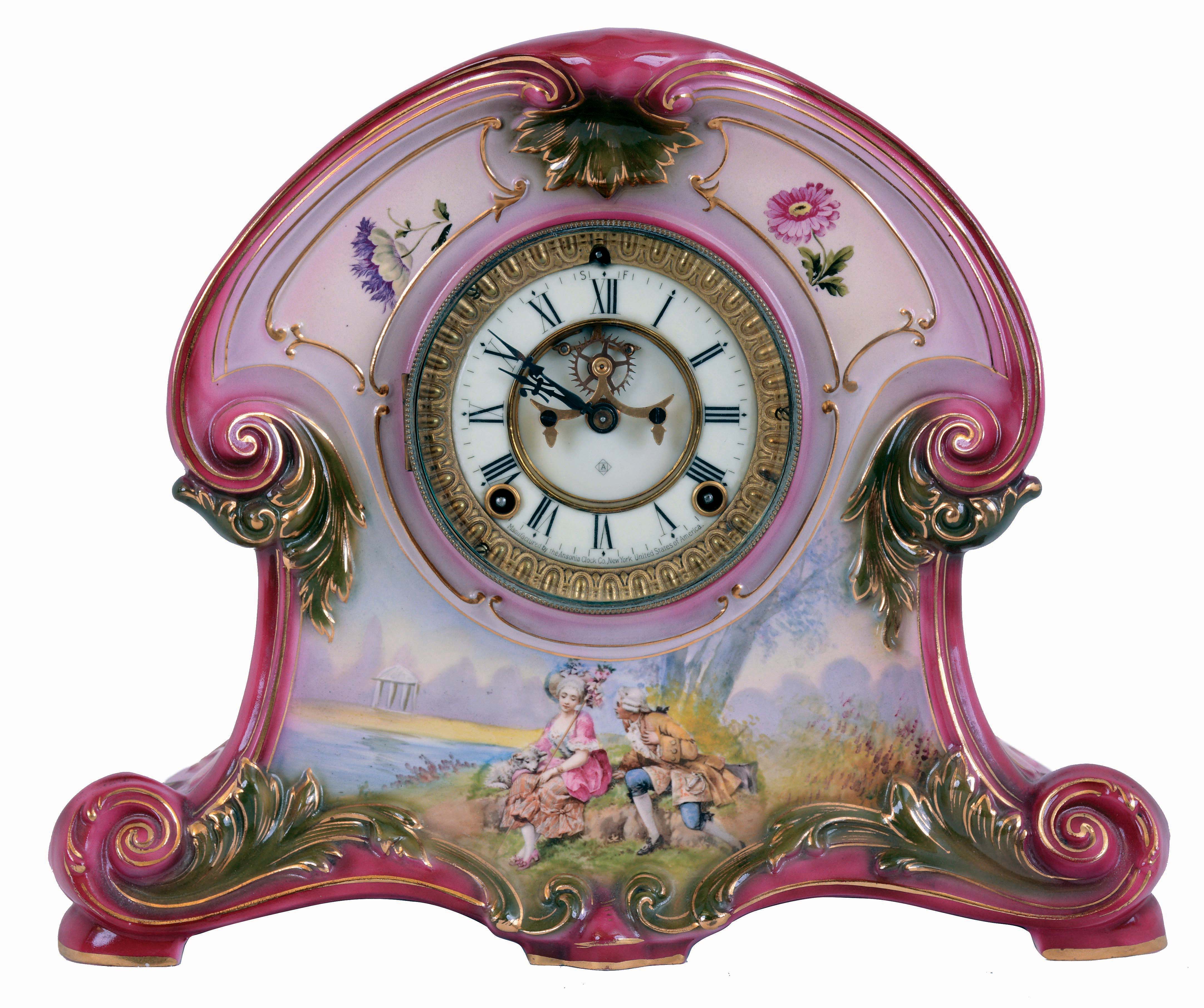 Ansonia Clock Co., New York, NY, "La Isere", 8 days, time and strike, spring driven brass movement porcelain mantel clock, c1914 — Antique Clocks Price Guide