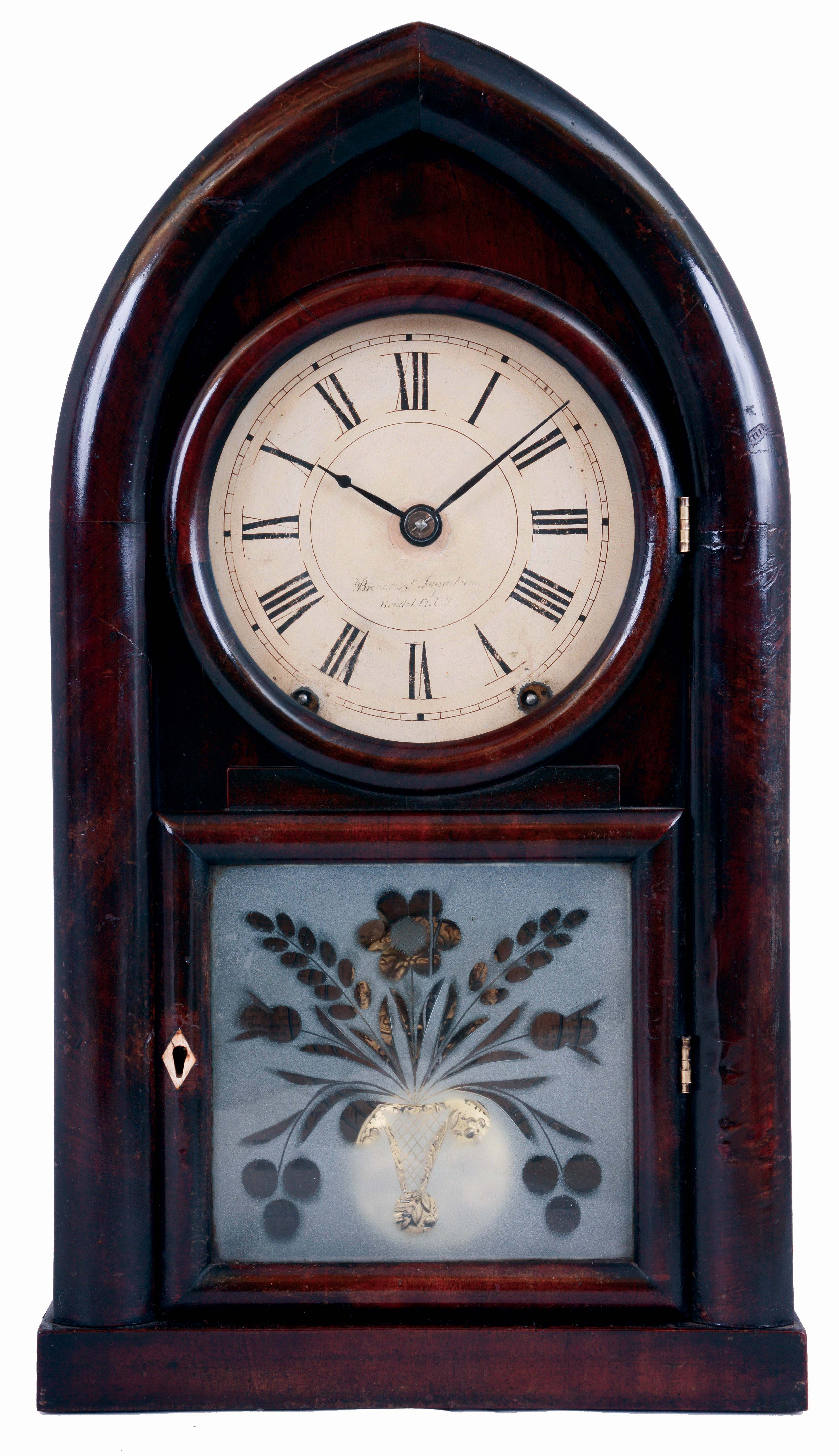 Brewster & Ingrahams, Bristol, Conn., 8 days, time and strike, spring driven brass movement round gothic or beehive shelf clock, c1845 — Antique Clocks Price Guide