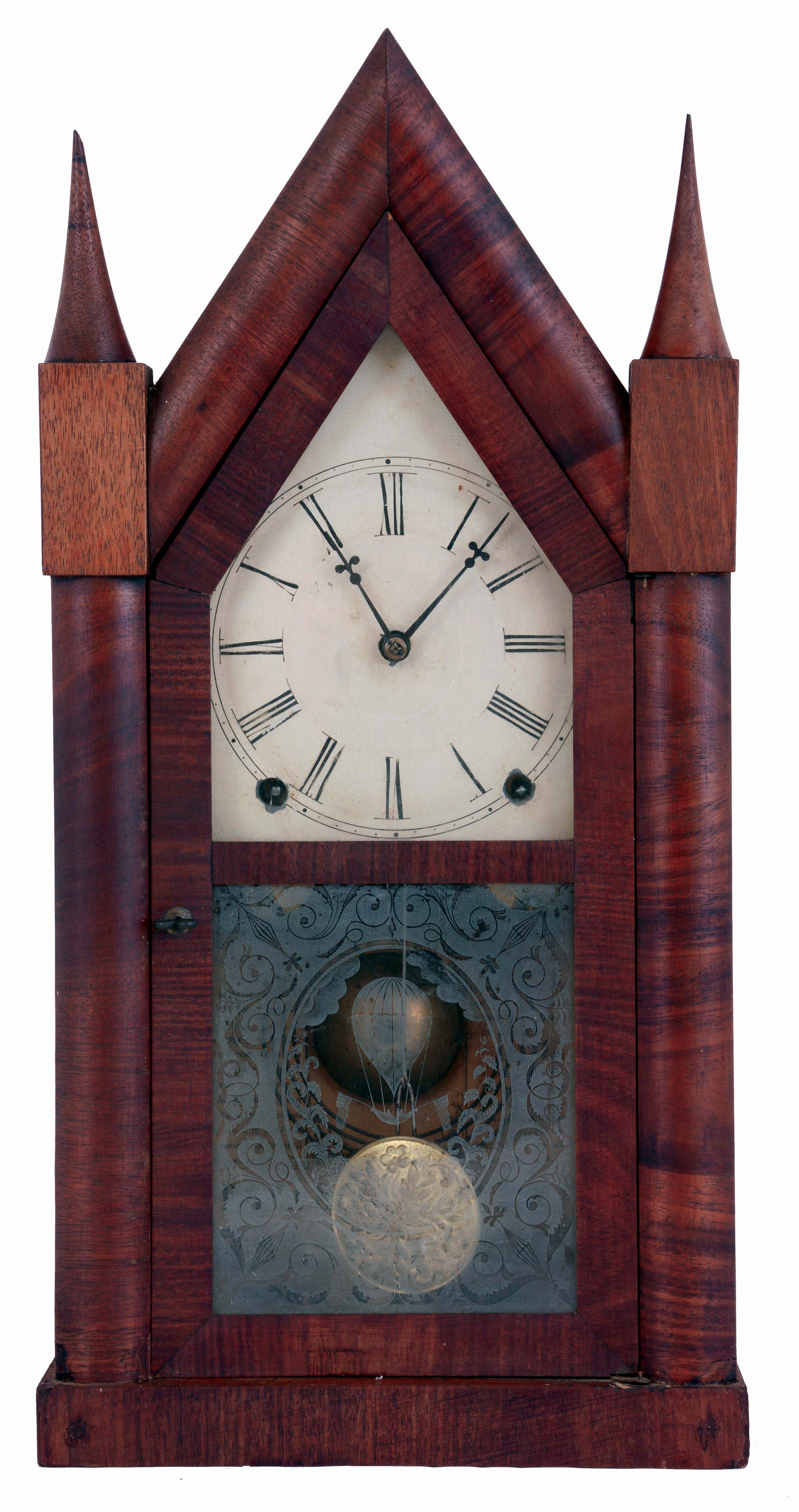 Pond & Barnes, Boston, Mass., Mass. (retailers) with 8 day, time and strike, spring driven brass movement supplied by Terry & Andrews, Bristol, Conn. in sharp gothic or steeple clock, c1850 — Antique Clocks Price Guide