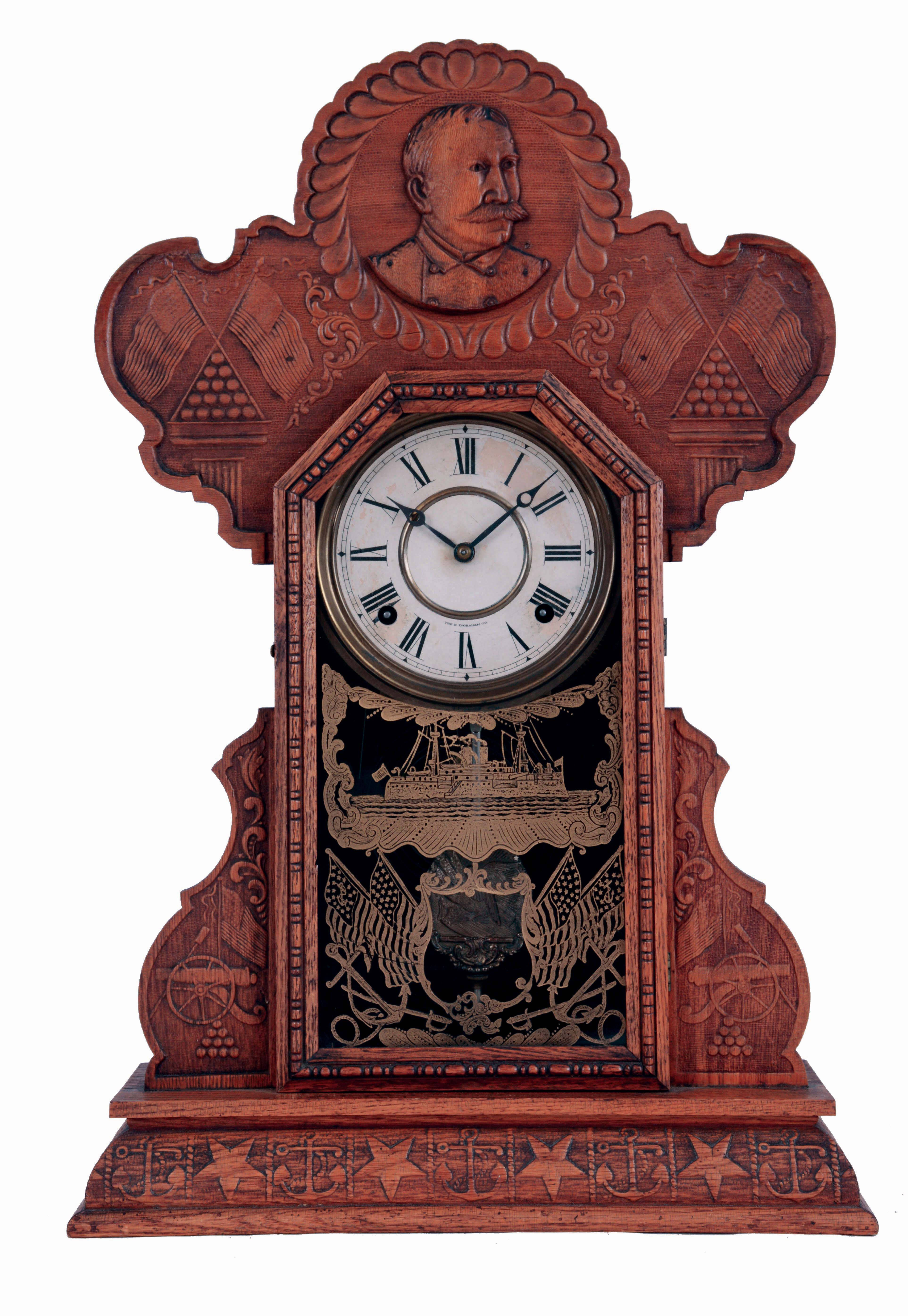 E. Ingraham & Co., Bristol, Conn., "Admiral Dewey", 8 days, time and strike, spring driven brass movement shelf clock, c.1899 — Antique Clocks Price Guide
