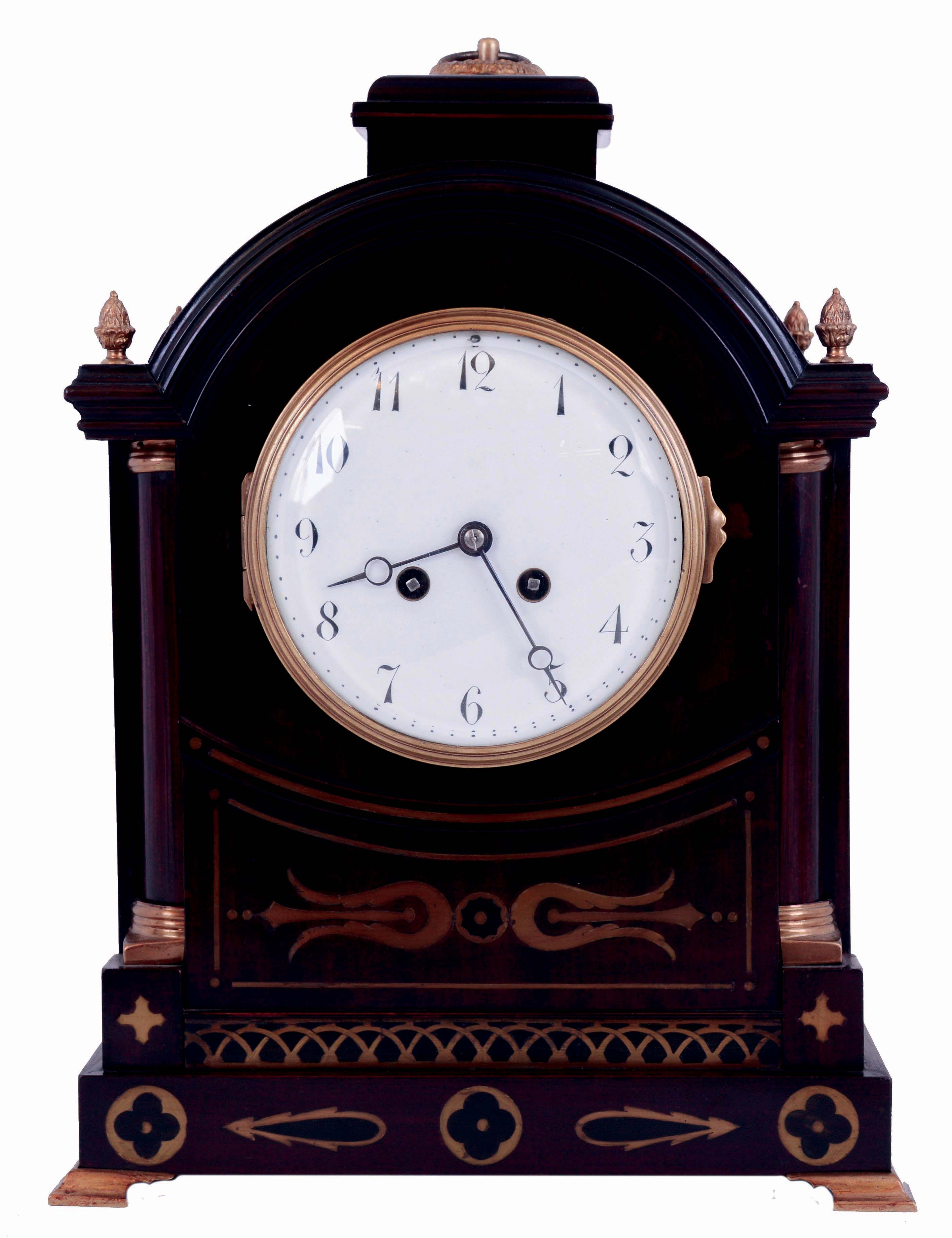 France, bracket clock in the Regency style, mahogany case with brass inlay, pierced brass frets at case sides, turned brass bezel, Arabic numeral white enamel dial, blued steel Breguet style hands, 8 days, time and strike, pendule a Paris movement, c1900 — Antique Clocks Price Guide