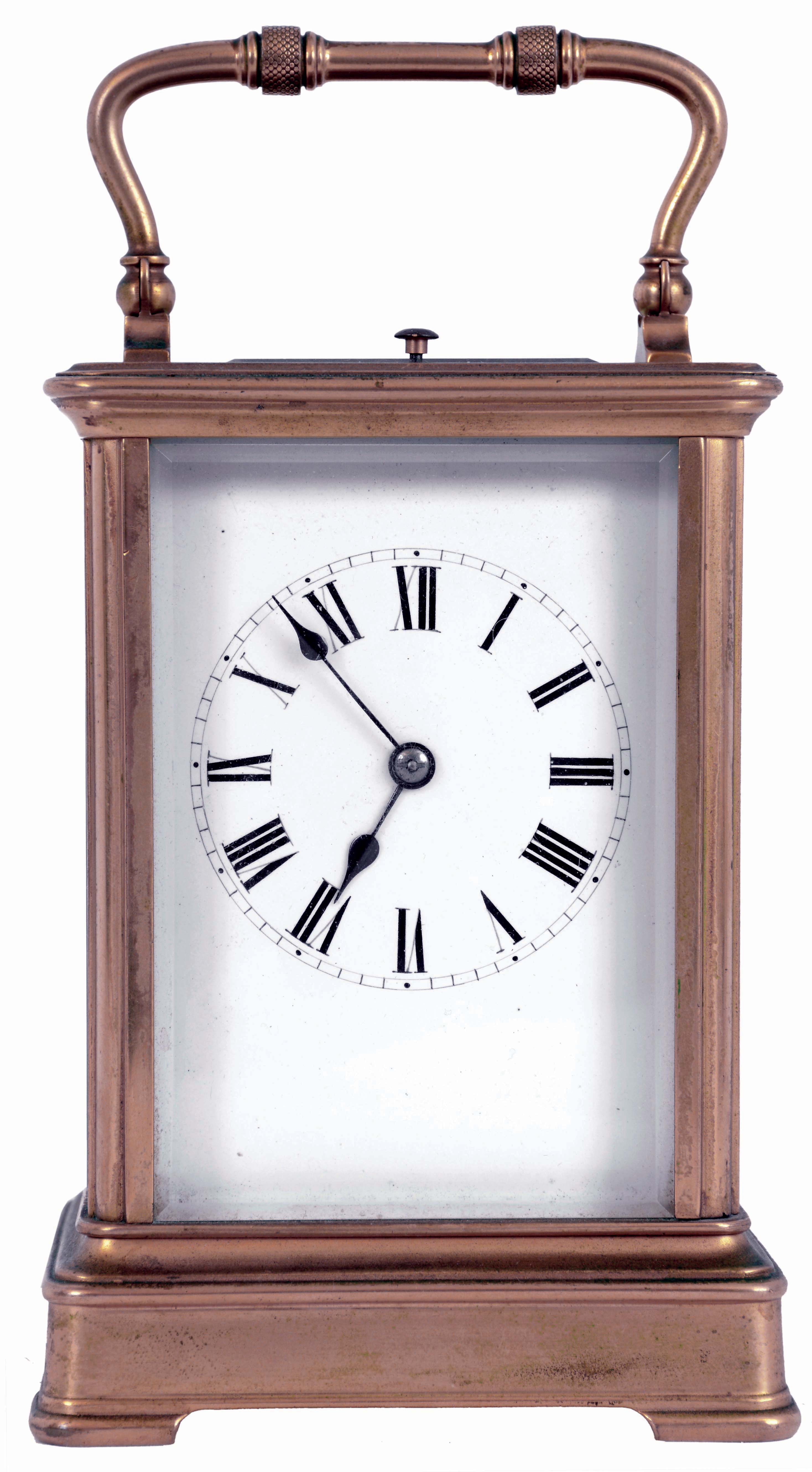 France, carriage clock, Corniche variant gilt brass case with five beveled glass panels, Roman numeral white enamel dial with blued steel spade hands, 8 days, time and strike movement with lever platform, announcing the hours and half hour on a coiled gong, and repeating the last hour on demand, c1900 — Antique Clocks Price Guide