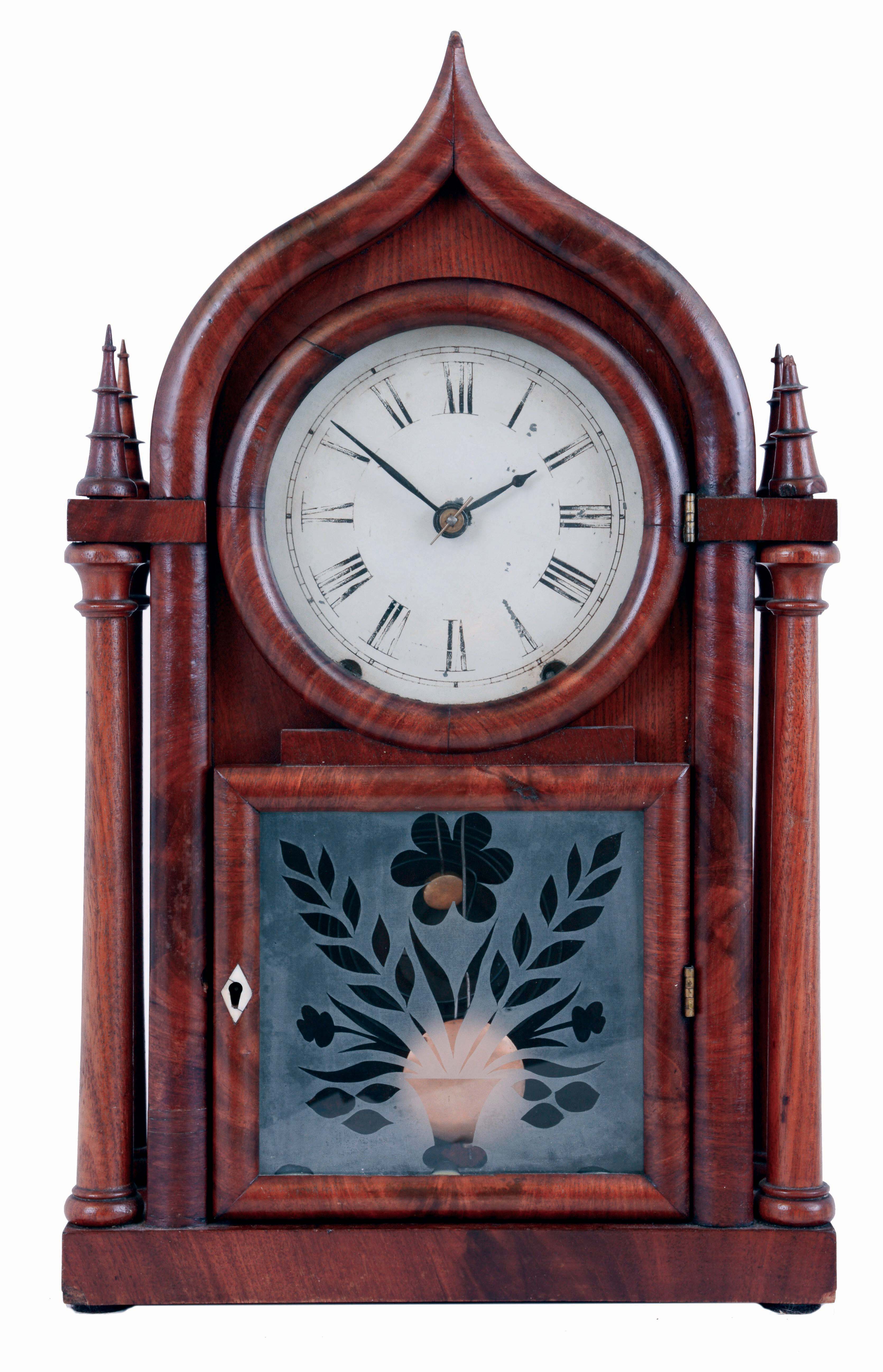 Brewster & Ingrahams, Bristol, Conn., 8 days, time and strike, 4-column OG gothic or onion top shelf clock, brass mainsprings, c1848. — Antique Clocks Price Guide