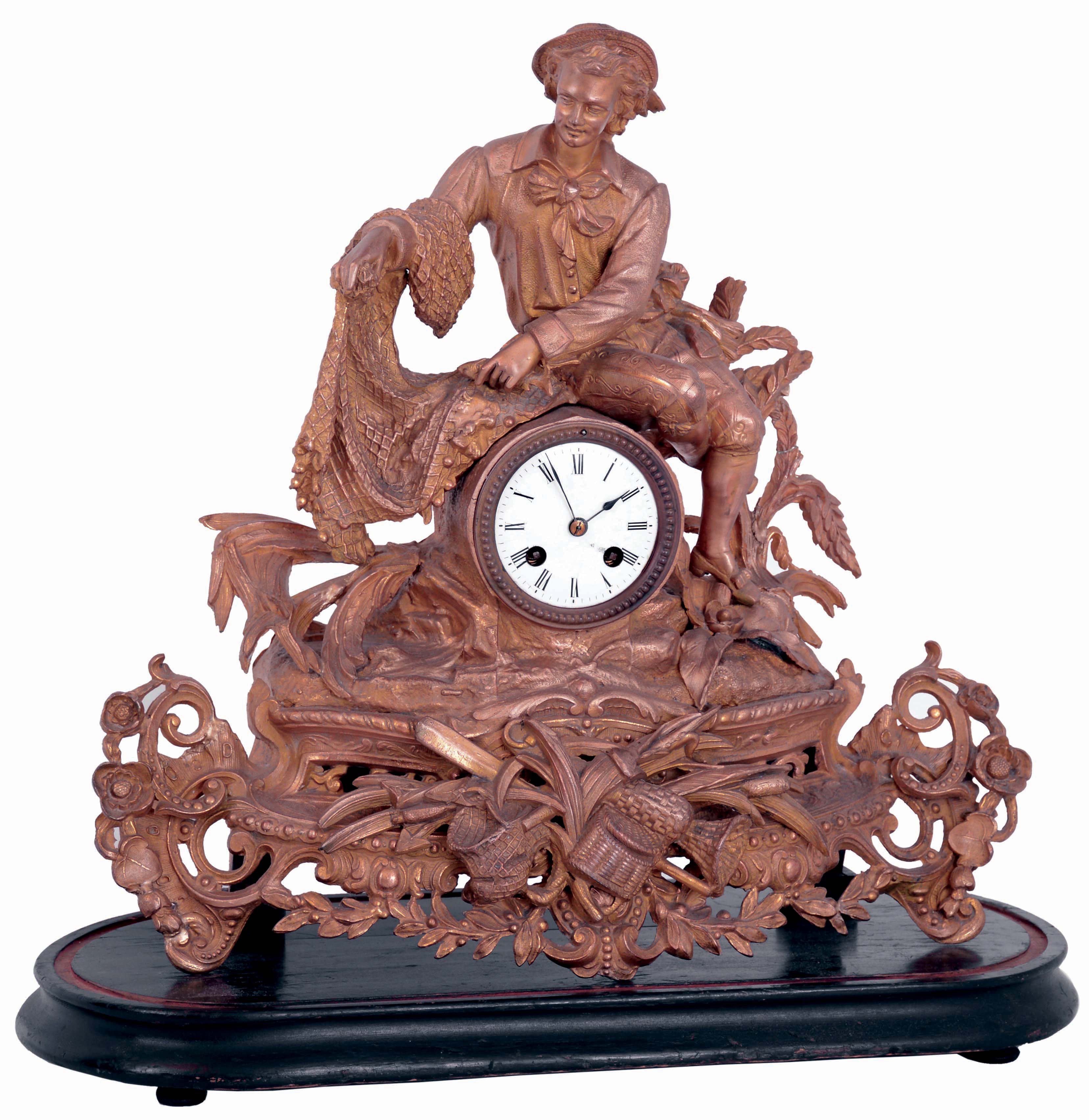 French cast fisherman spelter figural, 8 days, time and strike, mantel clock on painted wood base (no glass dome), unsigned movement, c1880 — Antique Clocks Price Guide