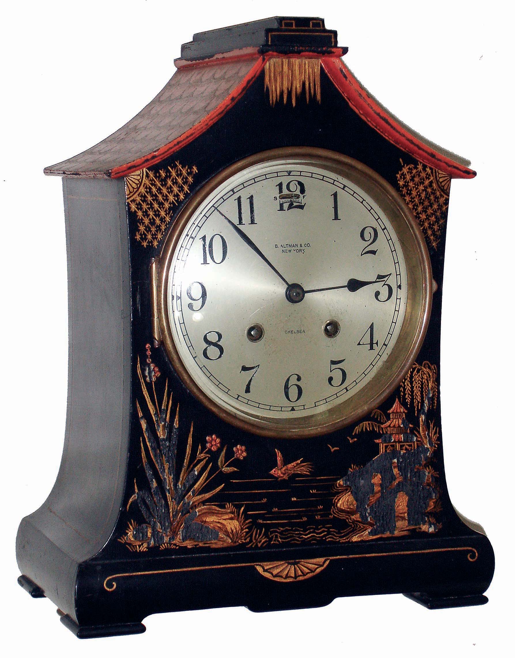 Chelsea Clock Co., Boston, Mass., for B. Altman & Co., New York, NY, "Babro 43" chinoiserie painted wood, 8 days, time and house-strike mantel clock, 106822, 1916 — Antique Clocks Price Guide