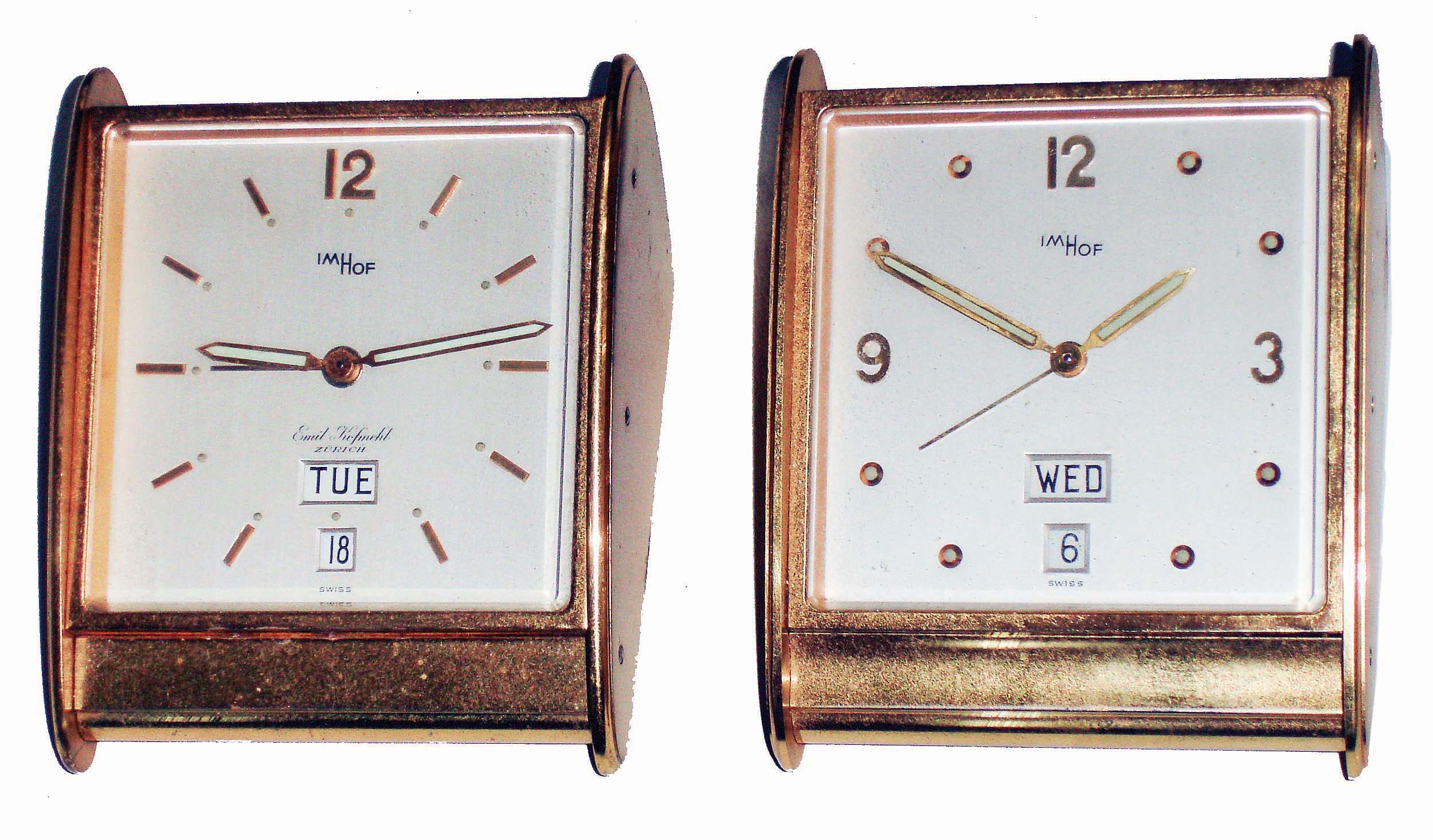 Clocks- 2 (Two) Imhof Swiss, 8 days, time, alarm and calendar brass desk clocks, c1975 — Antique Clocks Price Guide