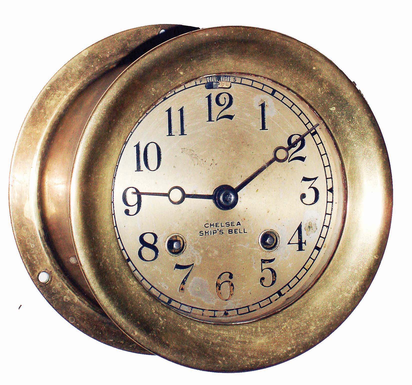 Chelsea Clock Co., Boston, Mass., brass screw bezel 4" dial ship's bells round wall clock, #509682, c1946 — Antique Clocks Price Guide