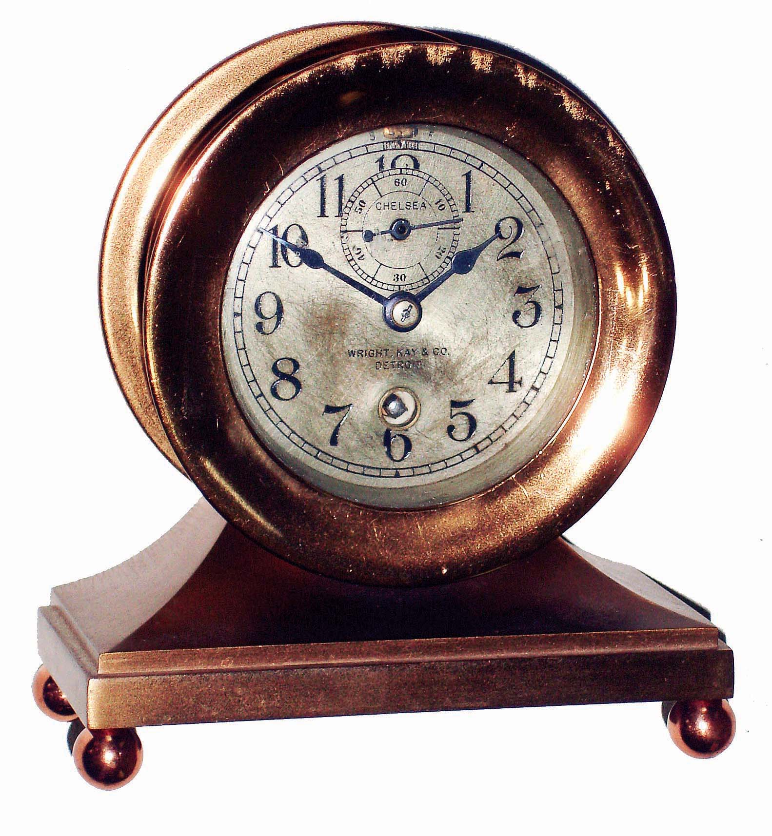 Chelsea Clock Co., Boston, Mass., for Wright, Kay & Co., Detroit, "Commodore", 2 3/4" dial brass time only, 8 days, desk clock, #153371, 1923 — Antique Clocks Price Guide