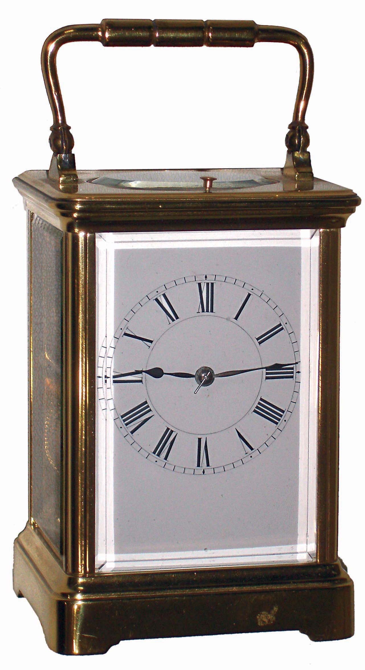 French, 8 days, time, strike and repeat brass and beveled glass carriage clock, c1900 — Antique Clocks Price Guide